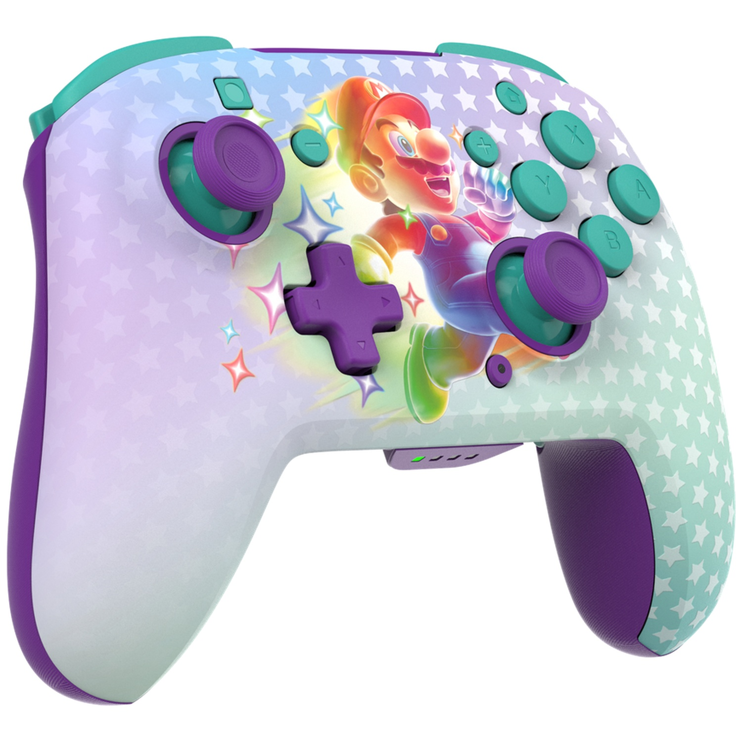 Une manette Pro Nintendo Switch avec un design Mario. Elle présente des accents violets et sarcelle, un motif d'étoiles et un graphisme Mario au centre.