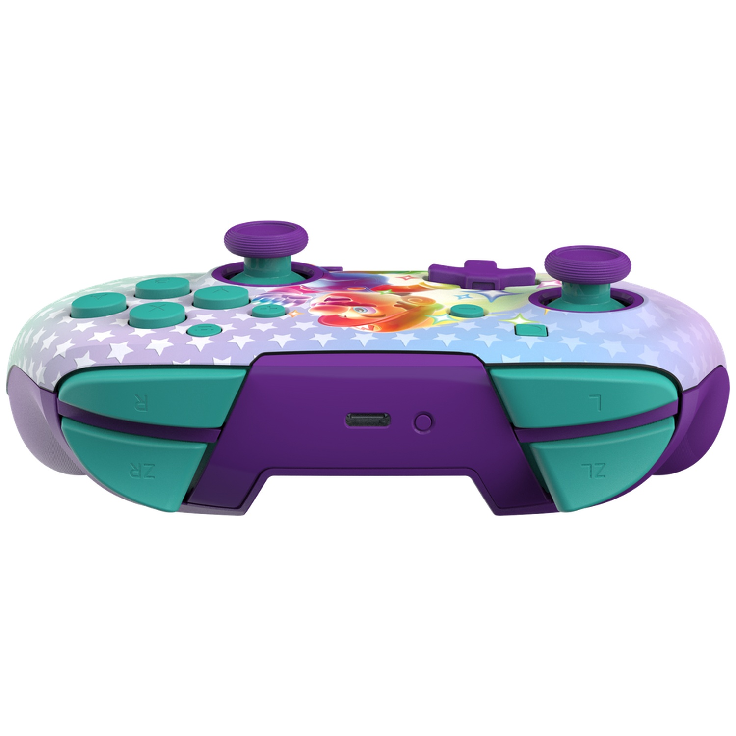 Une manette de jeu colorée avec des boutons violets et sarcelle. Elle présente un design de dessin animé avec des étoiles et un personnage.