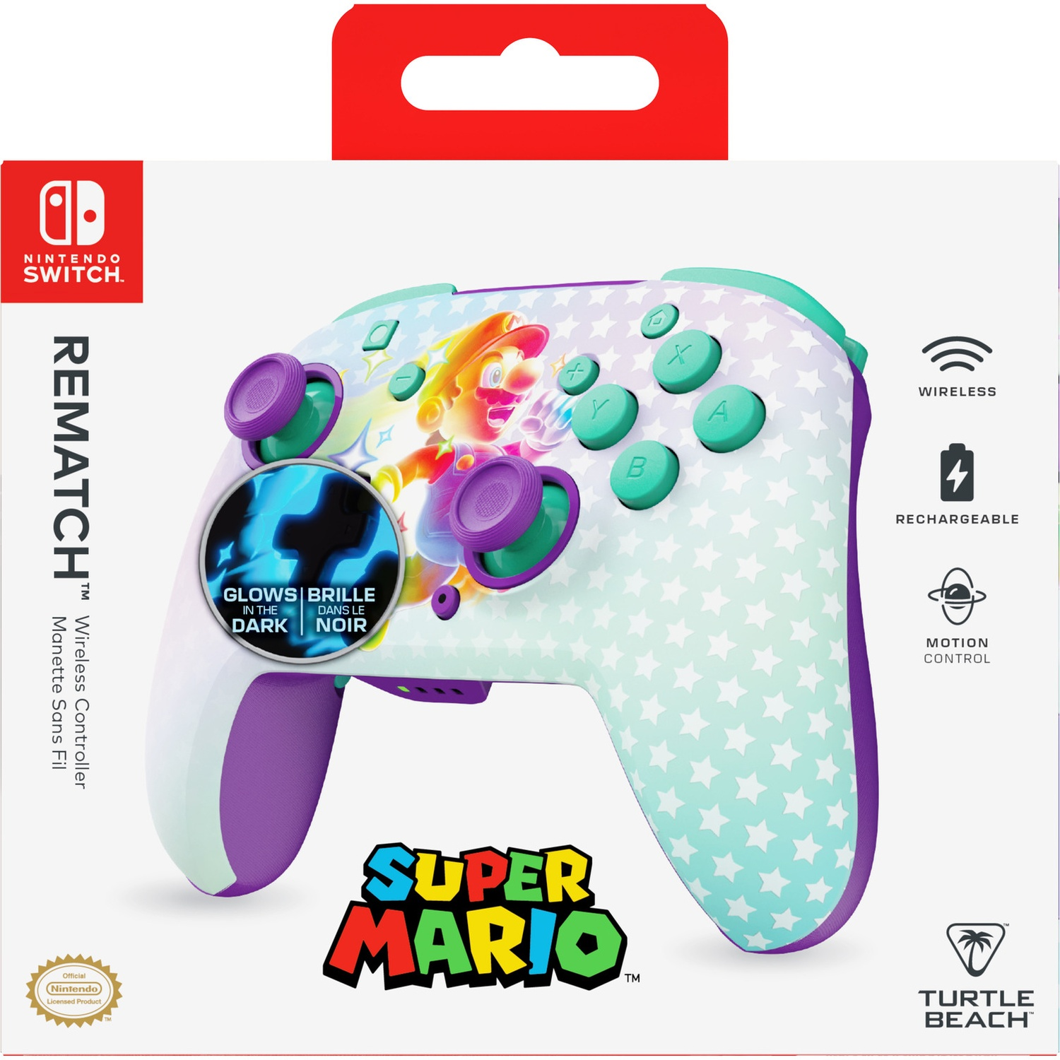Manette Nintendo Switch dans une boîte. Elle est blanche et violette, avec des graphismes Mario. Fonctions : sans fil, rechargeable et contrôle de mouvement.