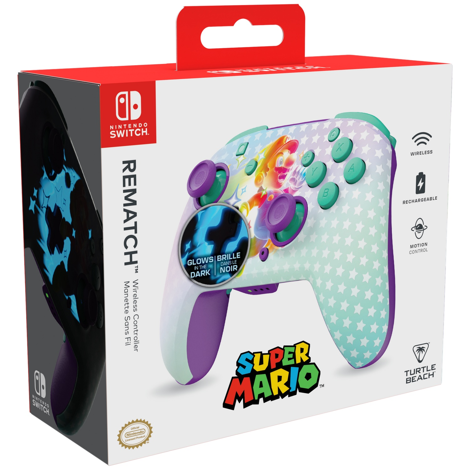 Manette Nintendo Switch en boîte. Motif Super Mario, sans fil, rechargeable et contrôle de mouvement. Violet, vert menthe et blanc.