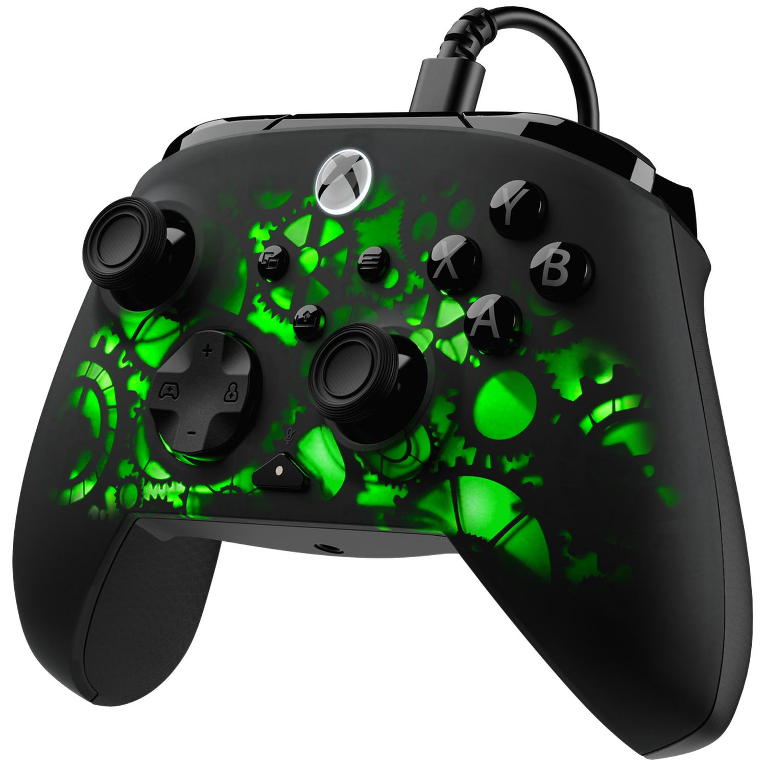 Black Xbox controller with green glowing gears design. It has buttons, joysticks, and a cable. The Xbox logo is visible.