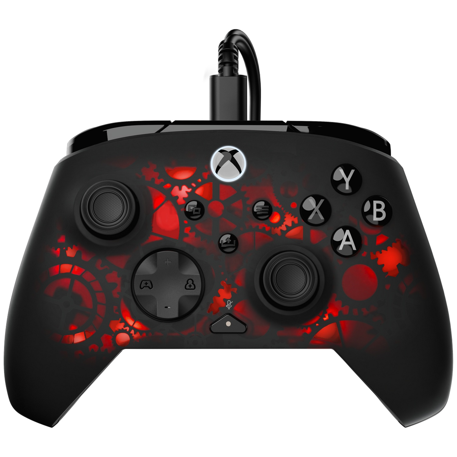 Black Xbox controller with red gear design. Buttons include A, B, X, Y. Has a black cable attached.