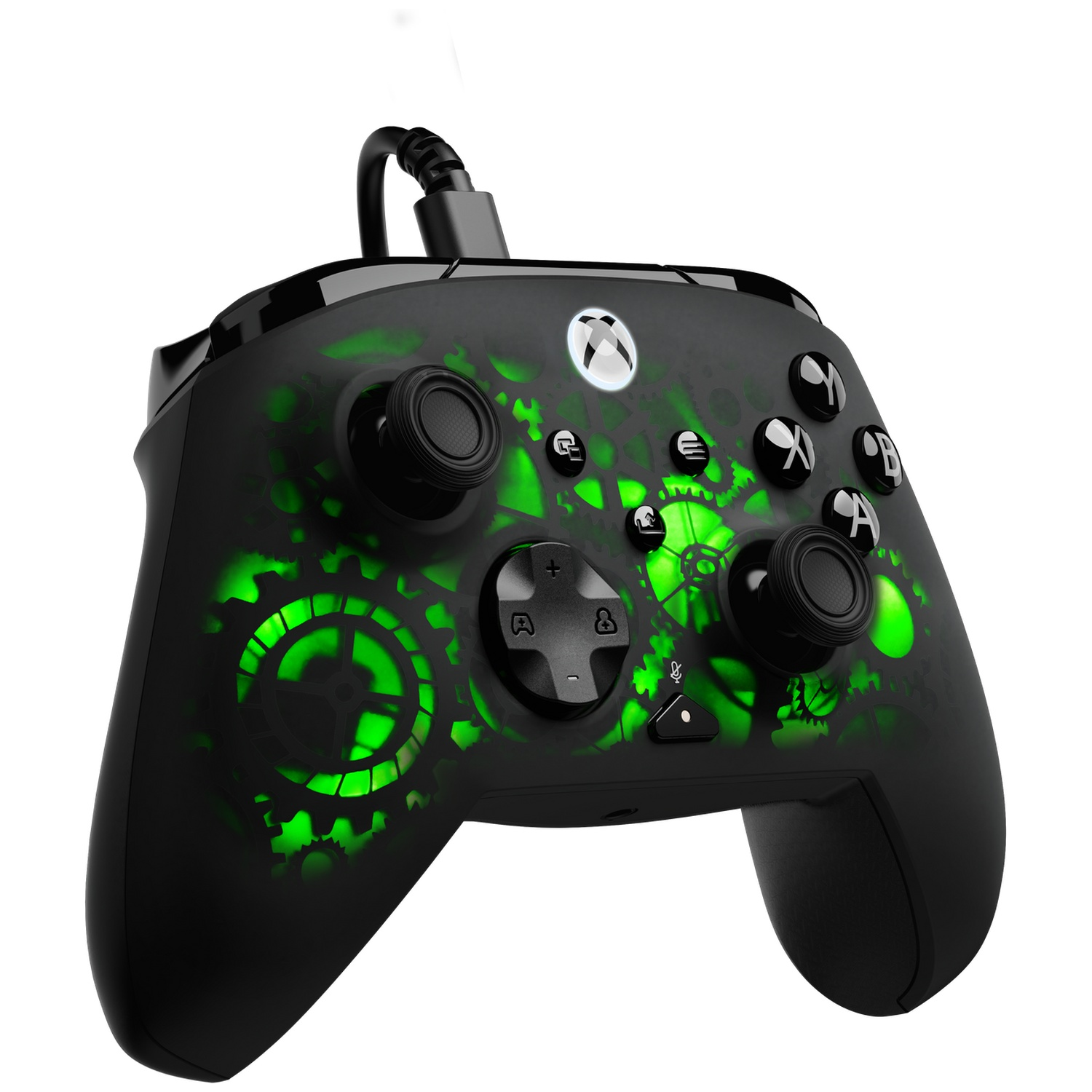 Black Xbox controller with green illuminated gears design, buttons, and joysticks. It has a cable attached at the top.