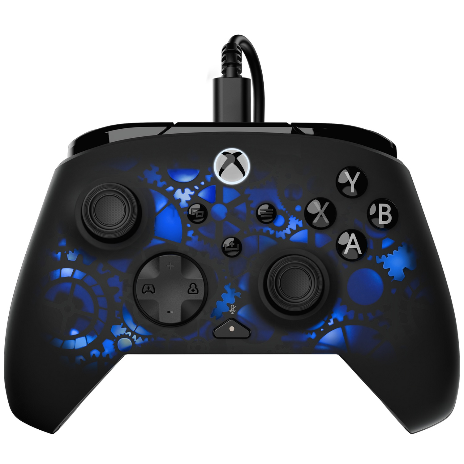 Black Xbox controller with blue gear design. Features buttons, thumbsticks, and a cable. The Xbox logo glows. 