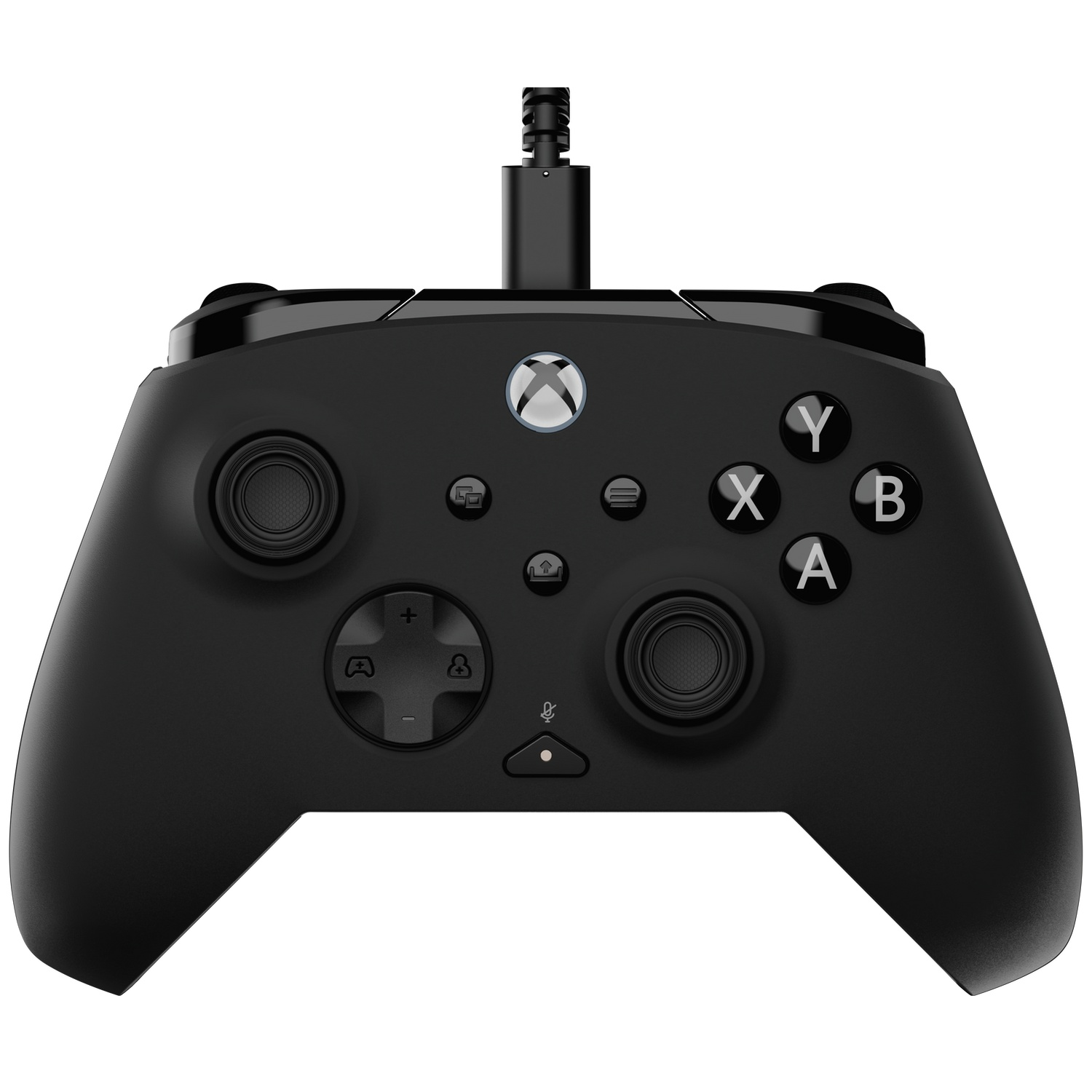 Black Xbox controller with buttons, joysticks, and a USB cable. The Xbox logo is visible.
