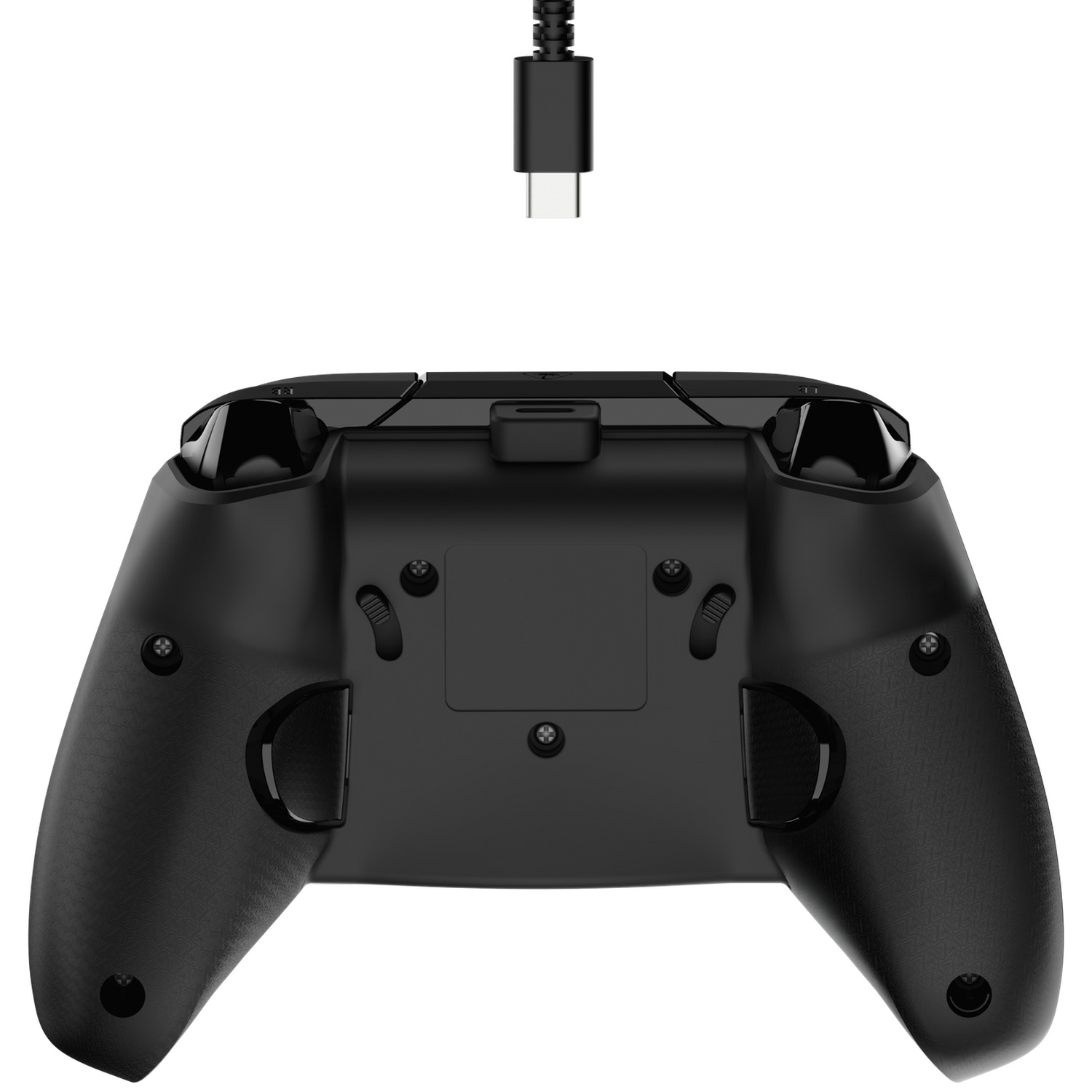 Black game controller with a USB-C cable above. The controller is angled towards the viewer, showing the back with buttons and grips.