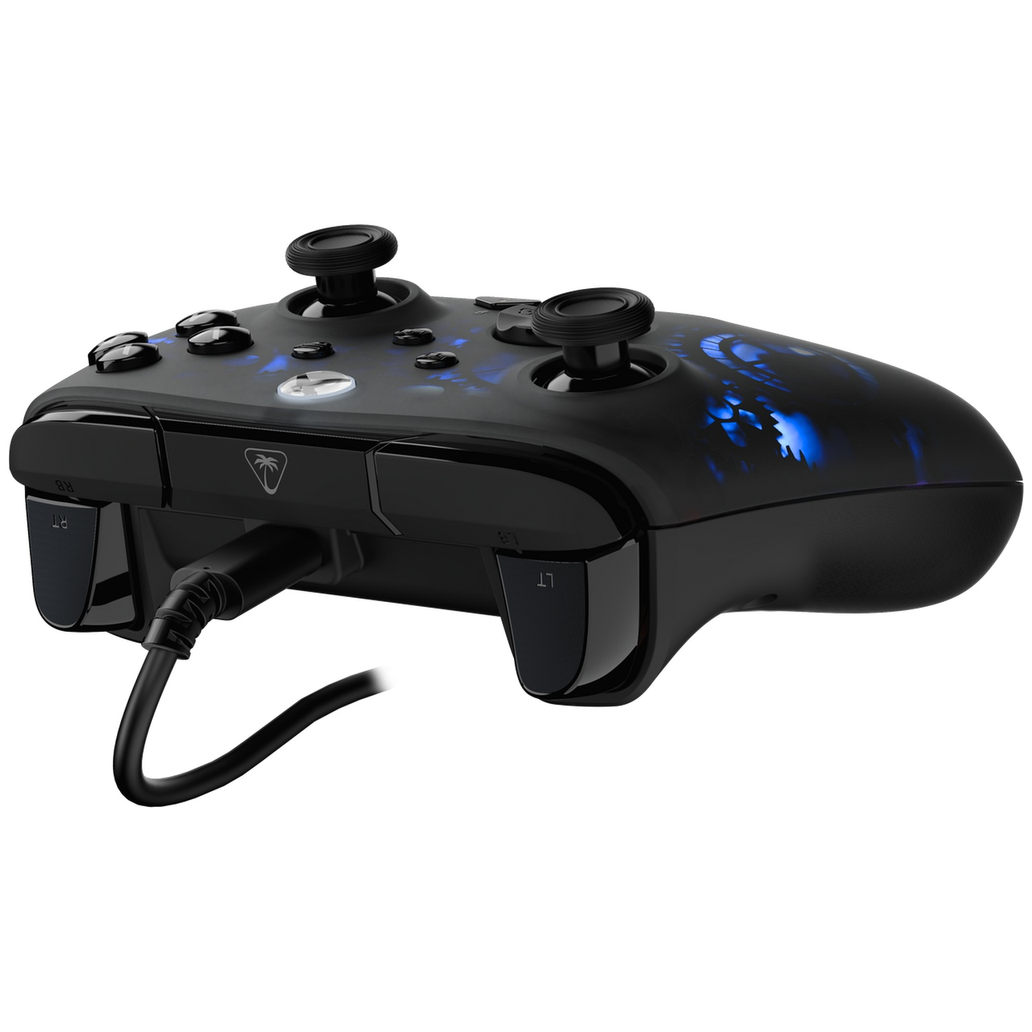 Black game controller with blue accents and a connected cable. It has buttons, thumbsticks, and a logo.