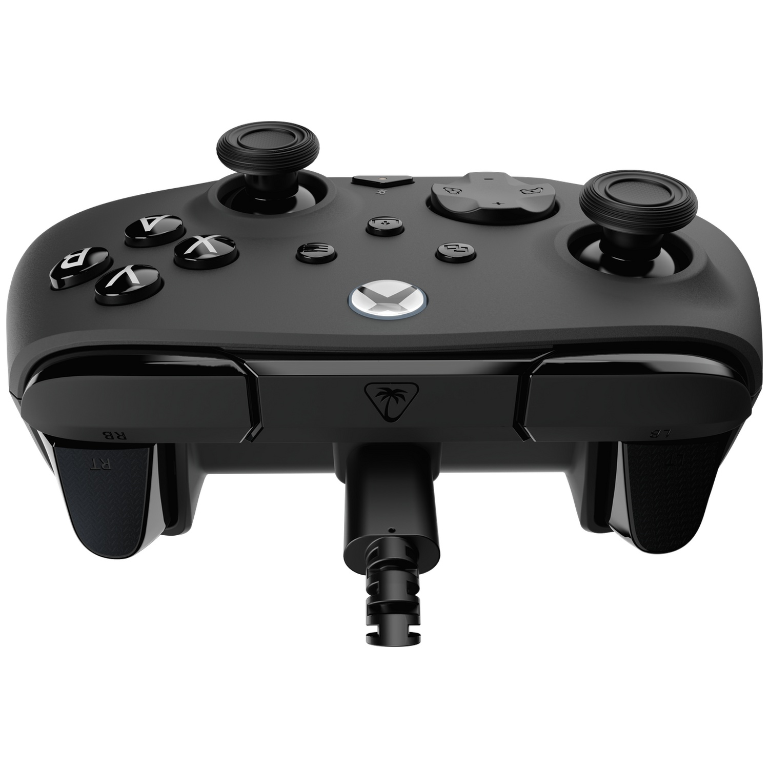 Black game controller with buttons, joysticks, and a cable. Xbox logo visible. The controller is on a white background.
