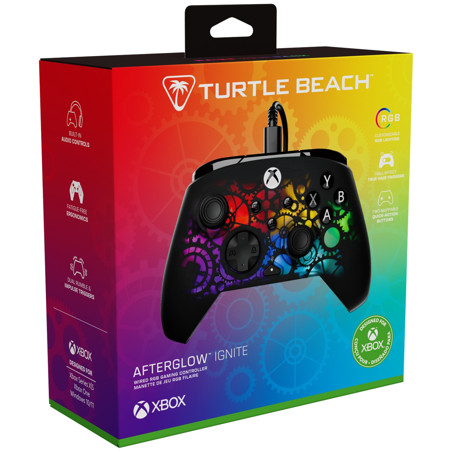 Box of Turtle Beach Afterglow Ignite controller for Xbox. Black controller with colorful design, features and Xbox logo.