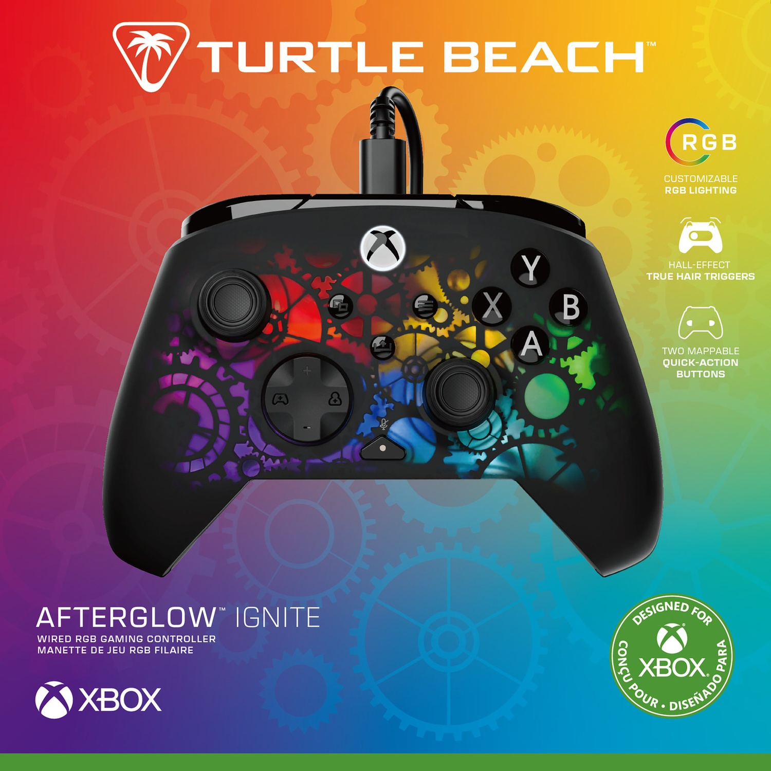 Xbox controller with colorful accents. It has buttons and triggers. The background has a gradient of colors and gears.