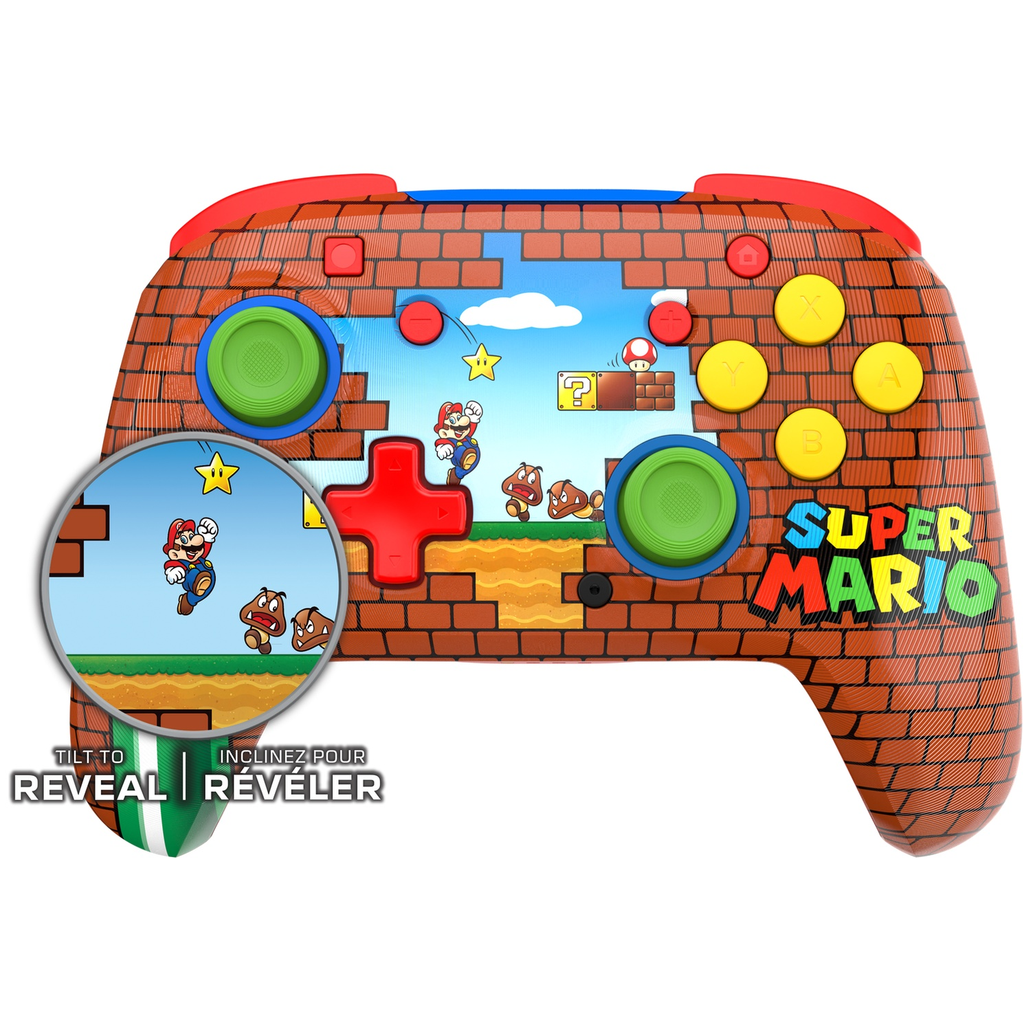 Une manette de jeu sur le thème de Super Mario. Elle présente un motif de briques avec Mario, des Goombas et une étoile sur le devant.