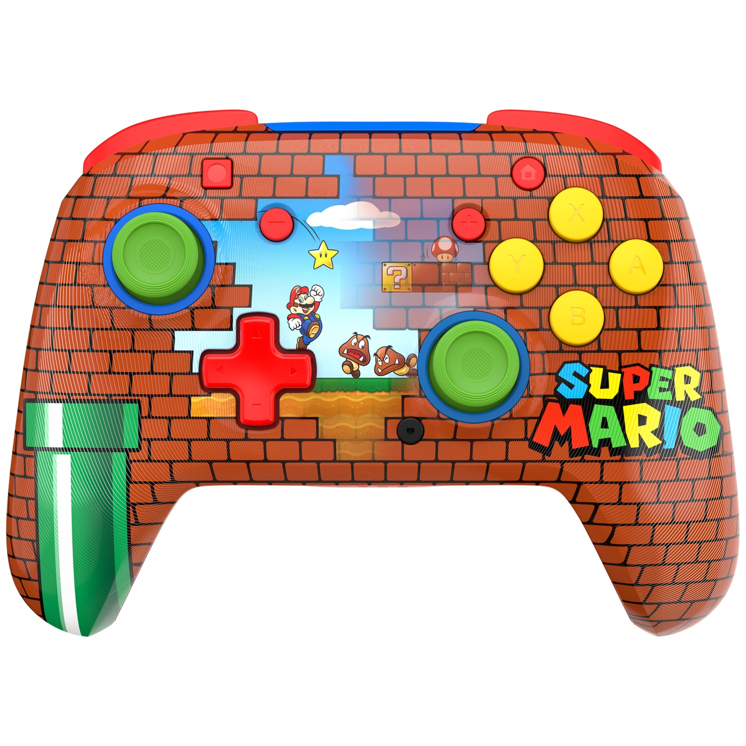 Une manette de jeu sur le thème de Super Mario. Elle présente un motif de briques, des personnages de Mario et des boutons colorés. Le design est vibrant et détaillé.