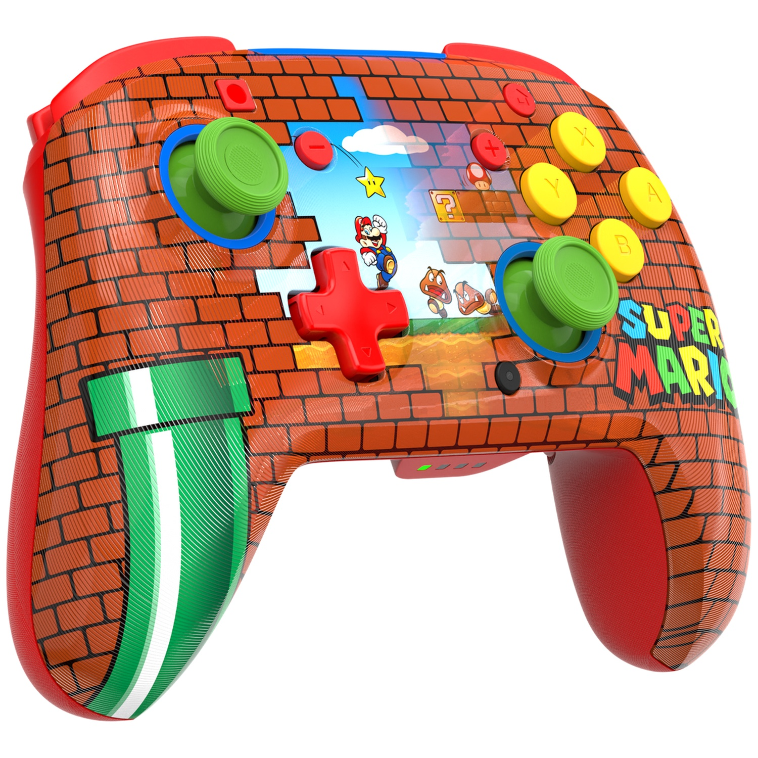 Une manette de jeu sur le thème de Super Mario. Design rouge et en briques. Comprend des personnages de Mario et des boutons colorés.