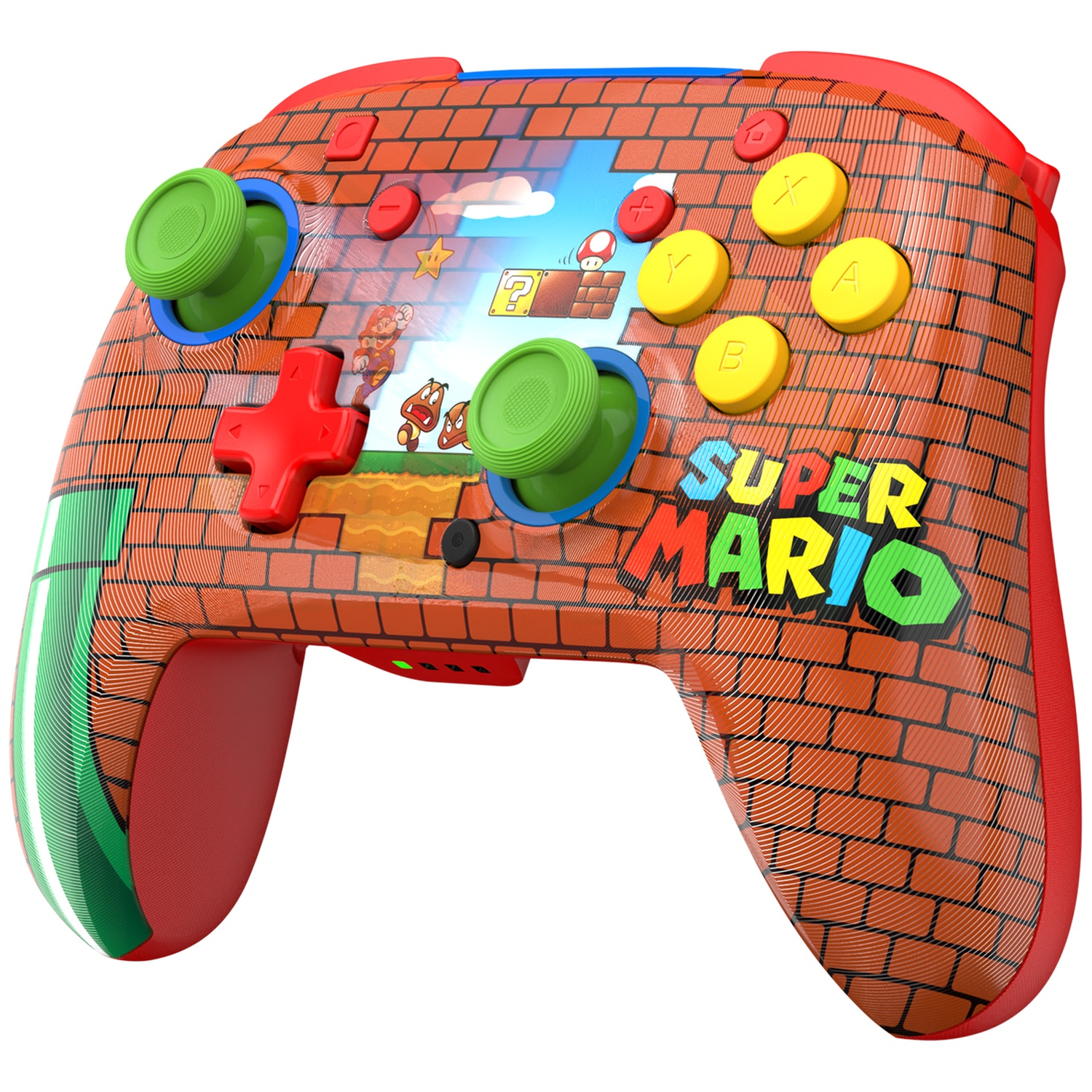 Une manette sur le thème de Super Mario avec un motif de briques. Elle a des joysticks verts, des boutons rouges et le logo Super Mario.