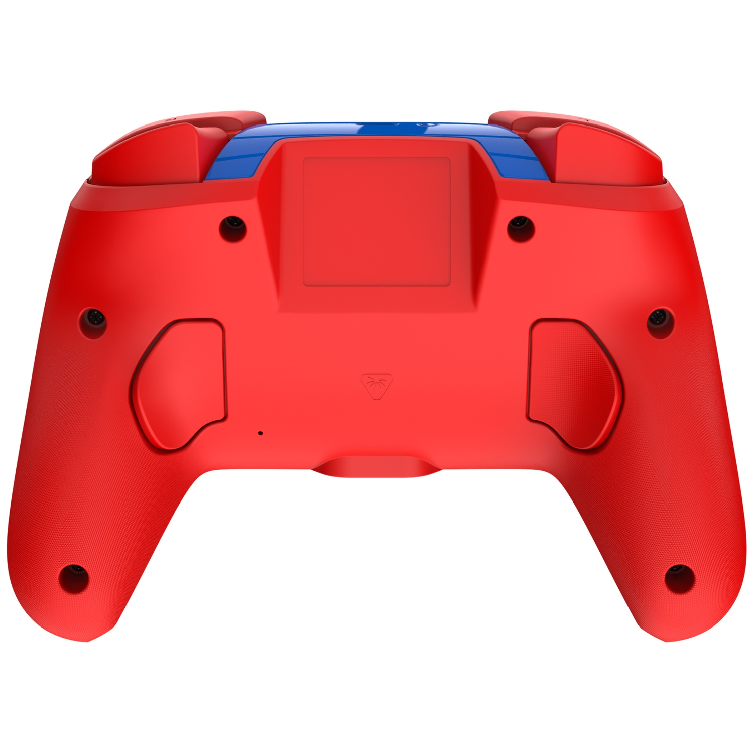 Dos de manette de jeu rouge et bleu. Il a des boutons, des gâchettes et un panneau central. Le fond est blanc.