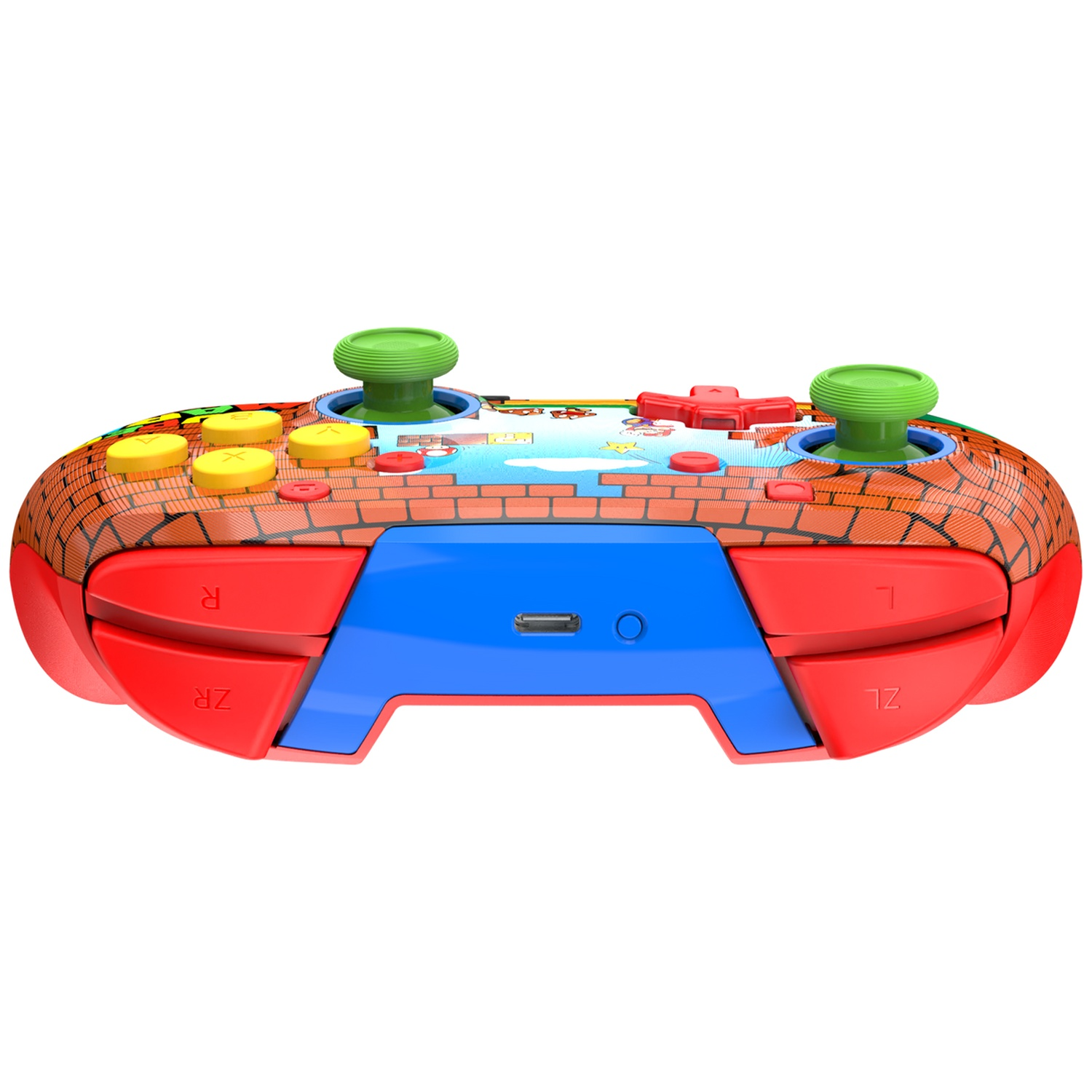 Une manette Nintendo Switch sur le thème de Mario. Elle a des couleurs rouge, bleu, jaune et vert. Le design comprend des motifs de briques et des personnages.