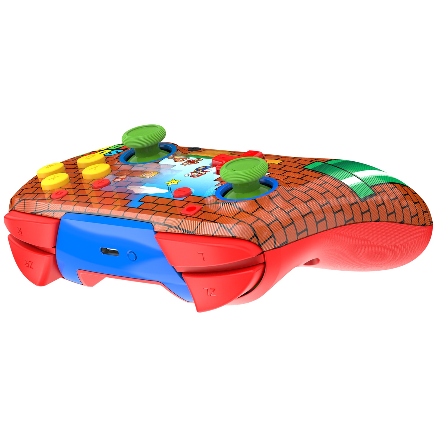 Une manette de jeu vidéo rouge, bleue et marron avec des joysticks verts et des boutons jaunes. Le design comprend un motif de briques et des personnages de Mario.