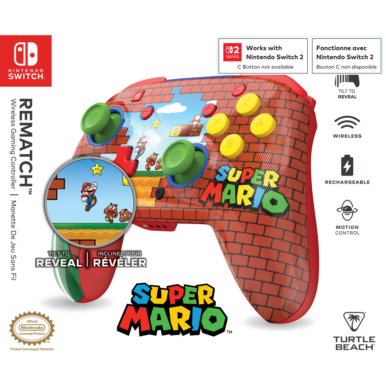 Une manette Nintendo Switch avec un design Super Mario. Comprend des boutons, des joysticks et une scène Super Mario.