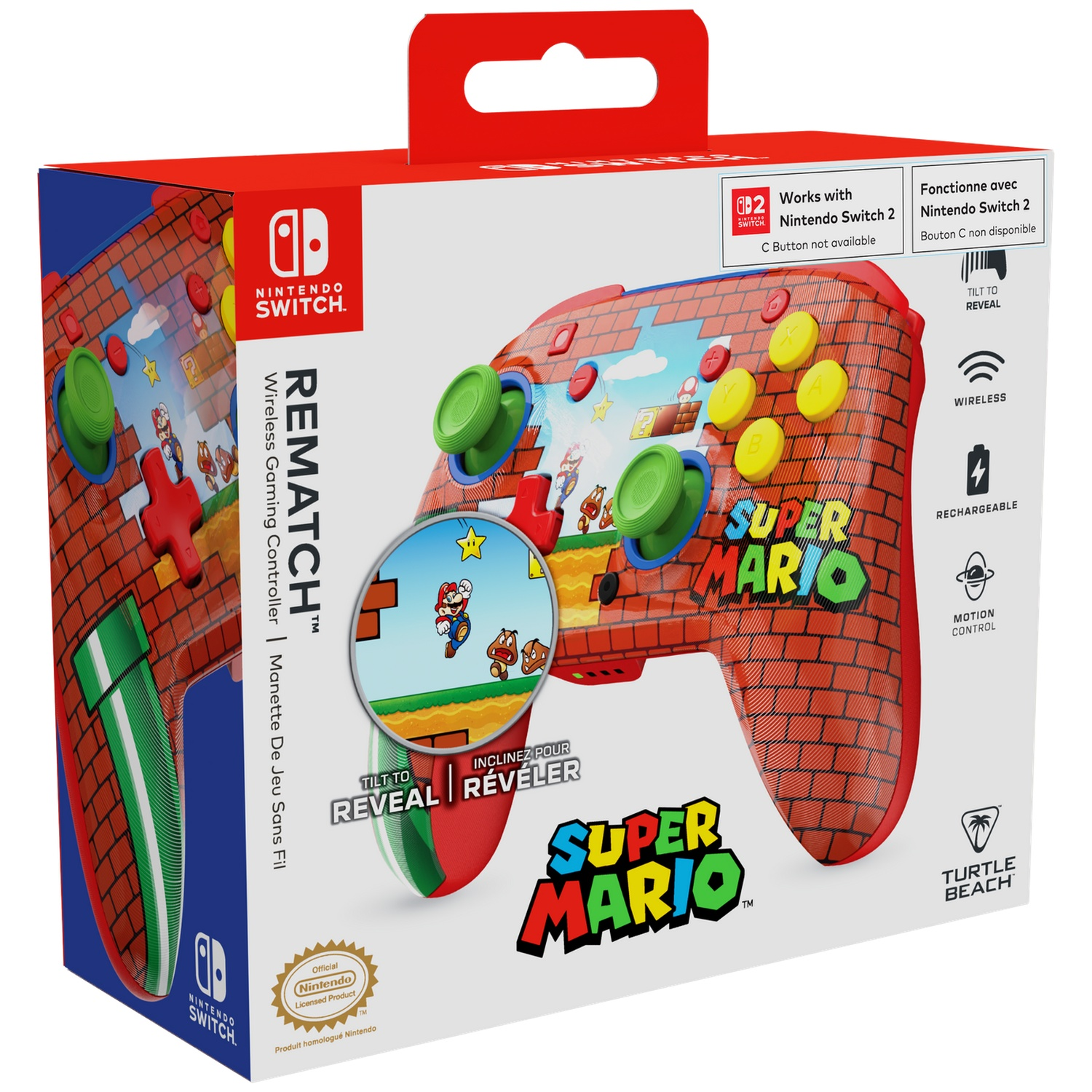 Boîte pour une manette Nintendo Switch. Comporte des graphismes Super Mario. Elle a une poignée rouge et une image de Mario sur la manette.