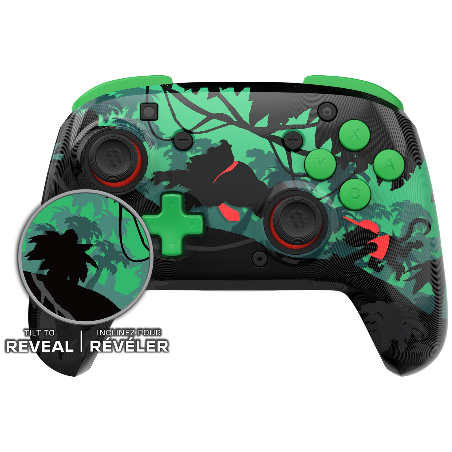 Une manette de jeu noire et verte avec un design de jungle. Elle a des boutons et un joystick. Le texte dit 'TILT TO REVEAL'.