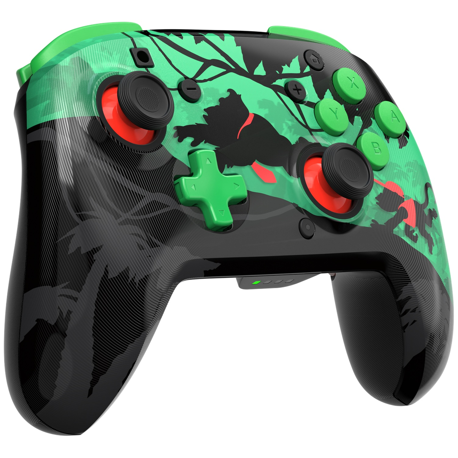 Une manette Nintendo Switch avec un thème jungle vert et noir. Elle possède divers boutons et joysticks en vert et noir.