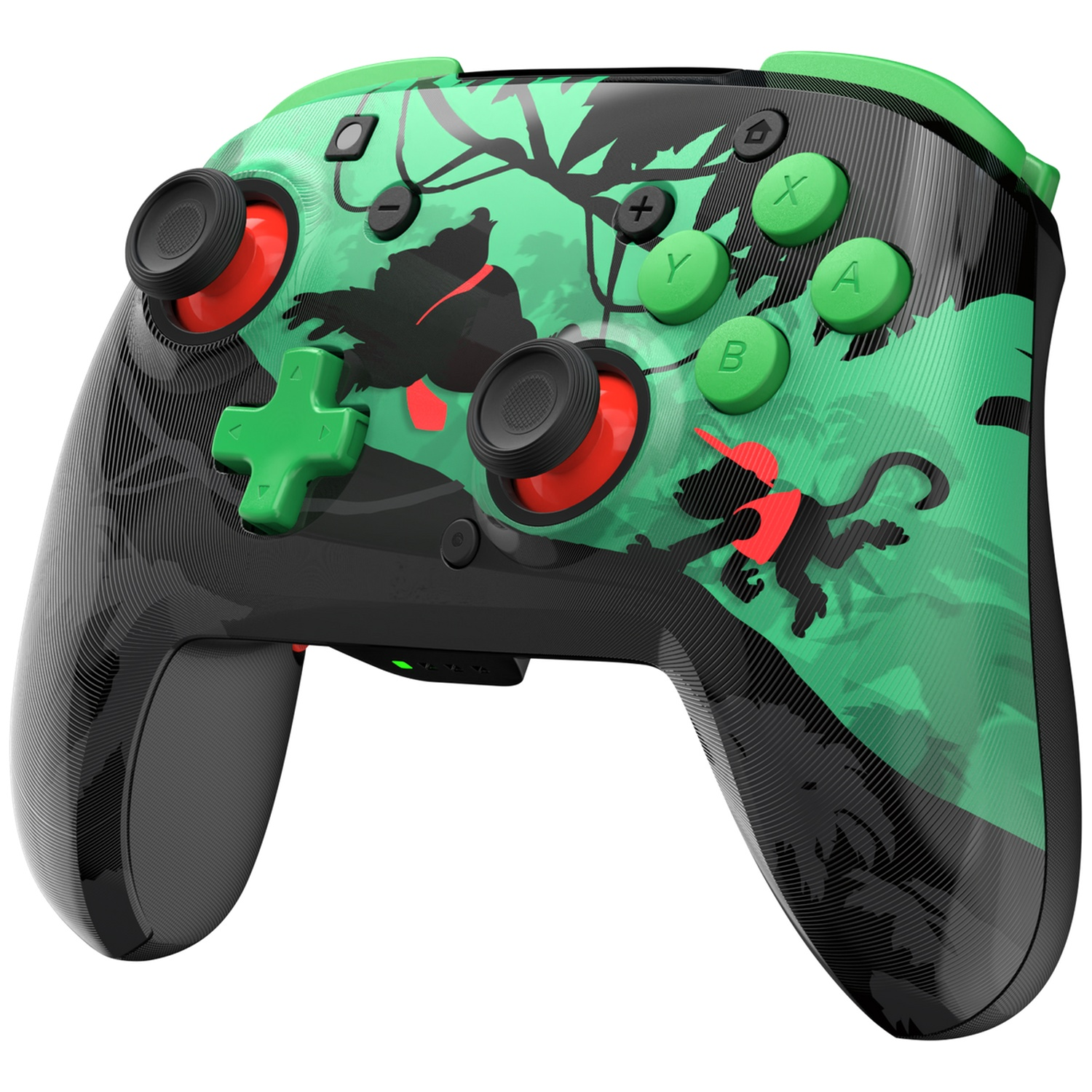Une manette Pro Nintendo Switch sur le thème de la jungle. Elle a des couleurs vertes, noires et rouges. La manette présente un design de singe.