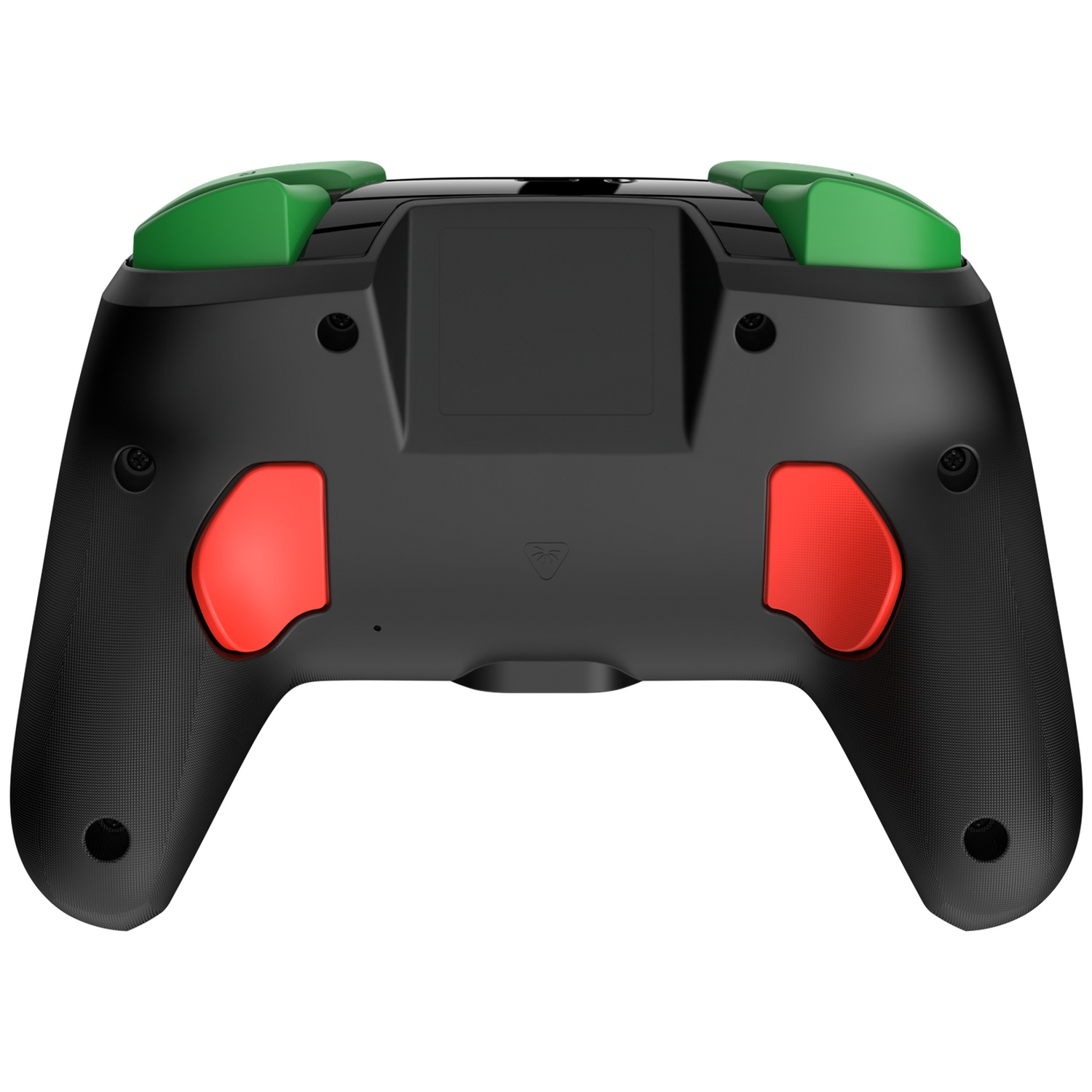Manette de jeu noire avec boutons supérieurs verts et gâchettes rouges. La manette a une surface texturée.