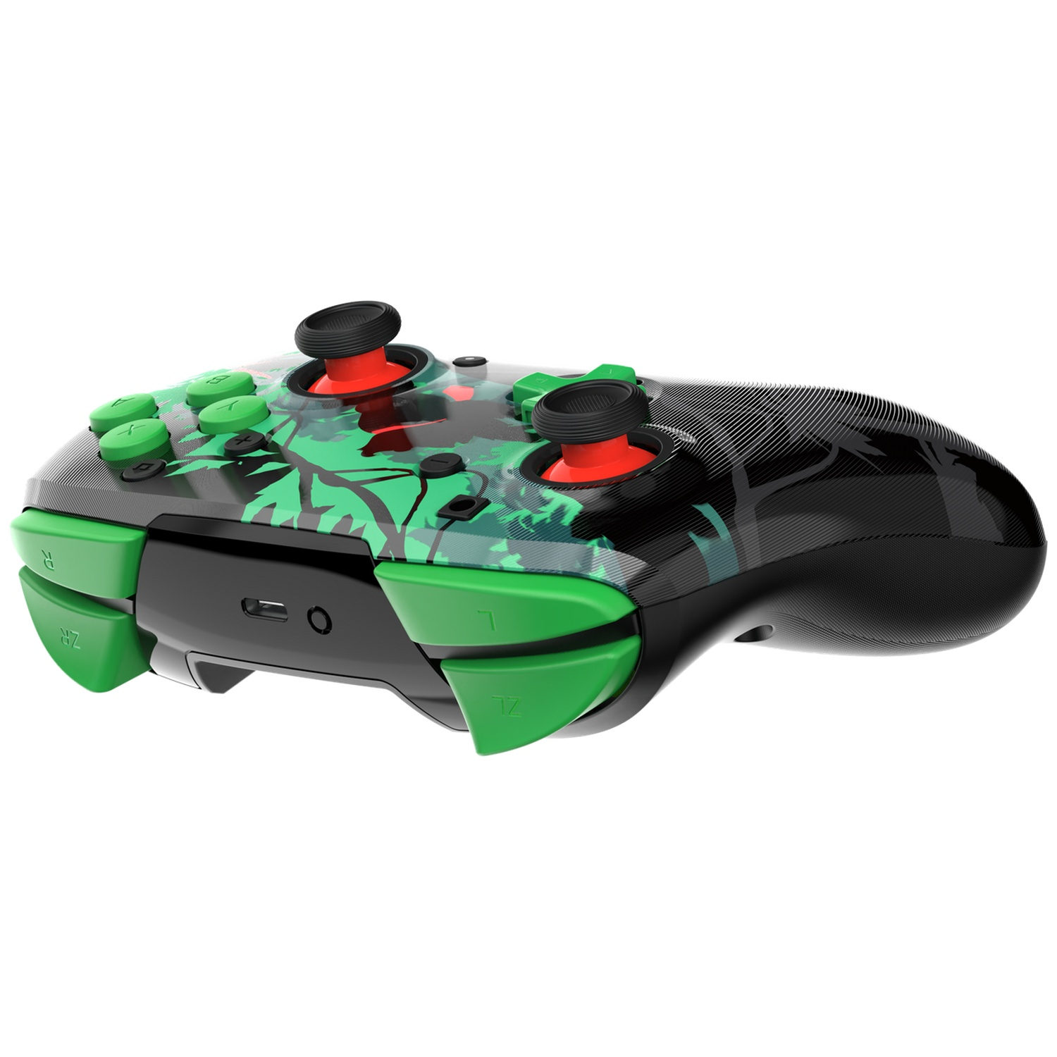 Une manette de jeu verte et noire avec des joysticks rouges, des boutons verts et un motif jungle sur fond blanc.