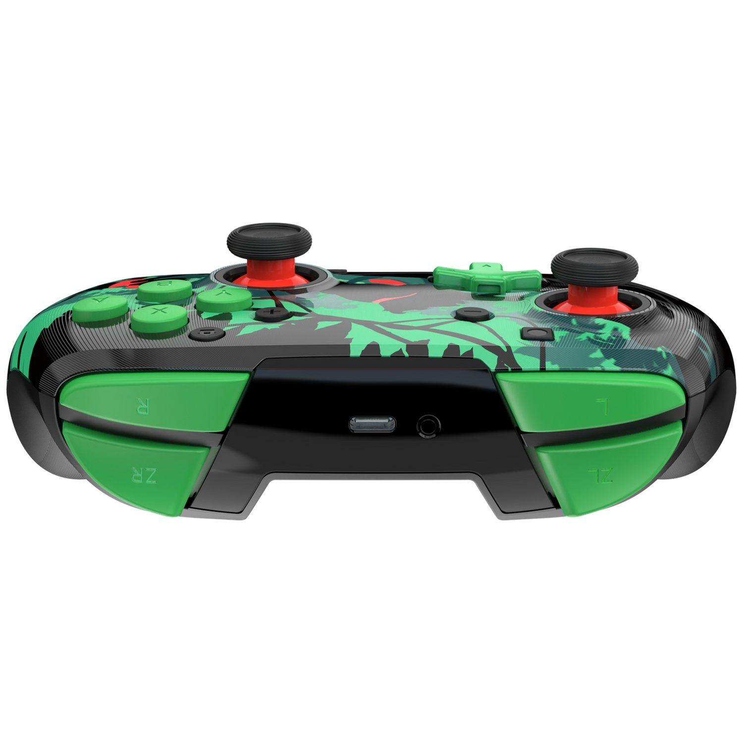 Une manette Nintendo Switch avec des accents verts et noirs. Elle comporte deux sticks analogiques, des boutons verts et un motif jungle.