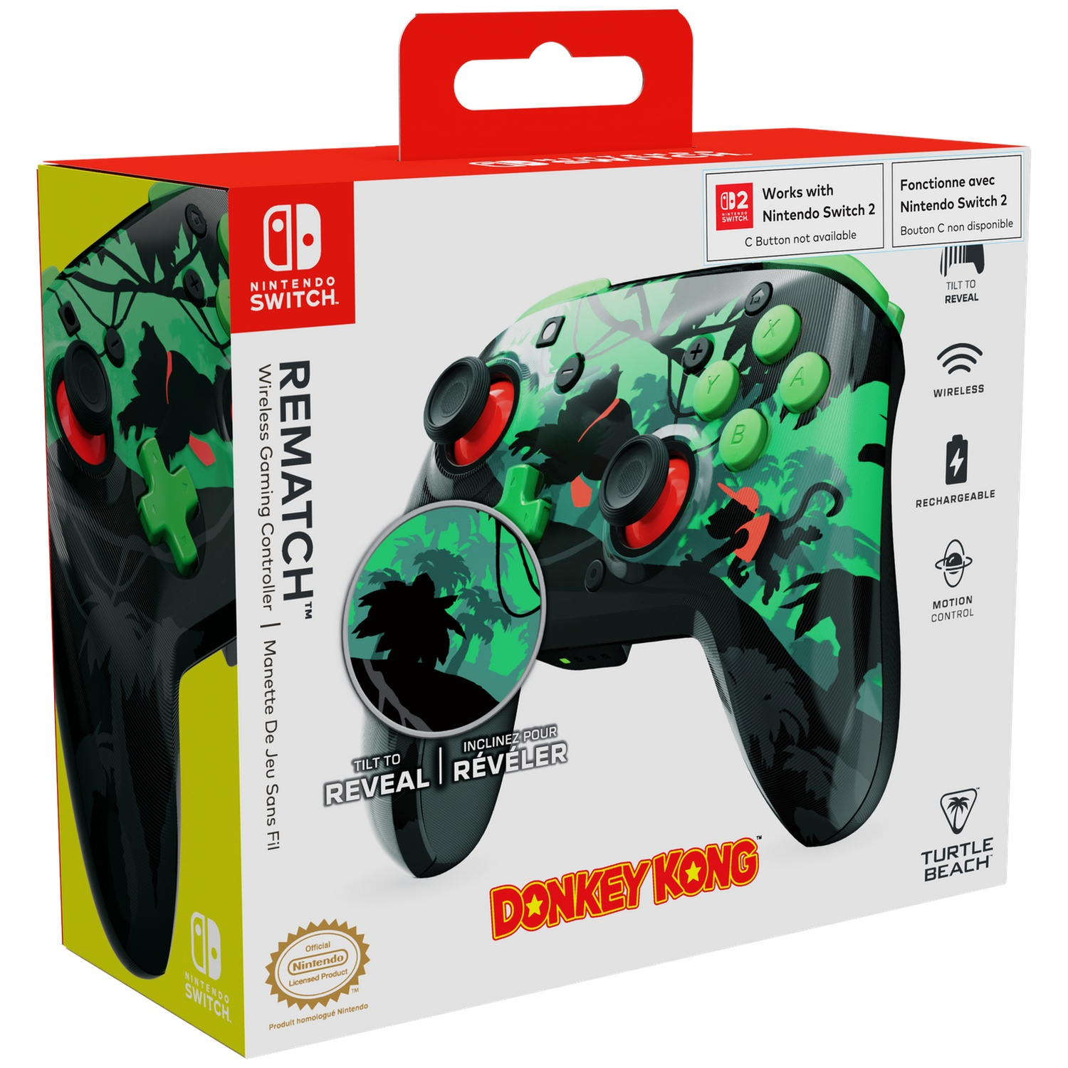Boîte pour une manette Nintendo Switch. Présente un design Donkey Kong, une palette de couleurs vertes et noires. Comprend des boutons et des logos.