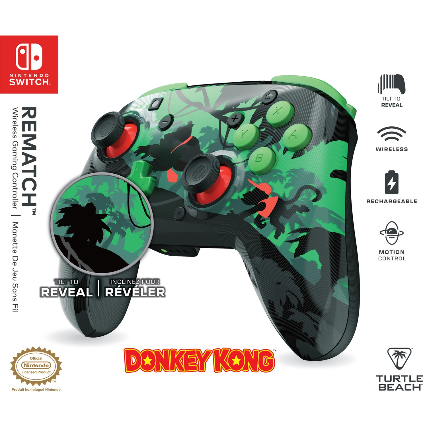 Une manette Nintendo Switch Donkey Kong. Avec les personnages du jeu et un thème jungle. Boutons verts. Palette de couleurs noir et vert.