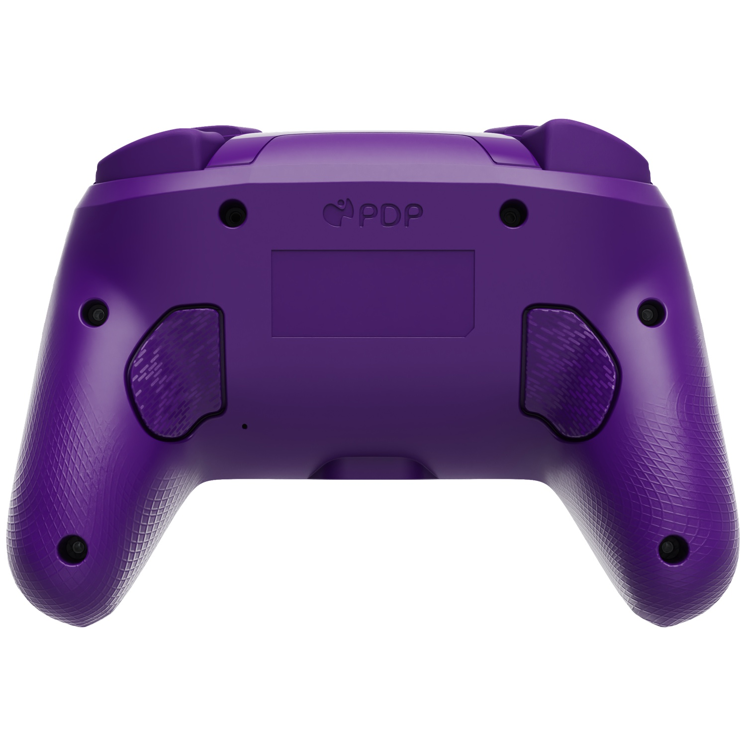 A purple game controller seen from the back. It has buttons and grips, and the PDP logo. The background is white.