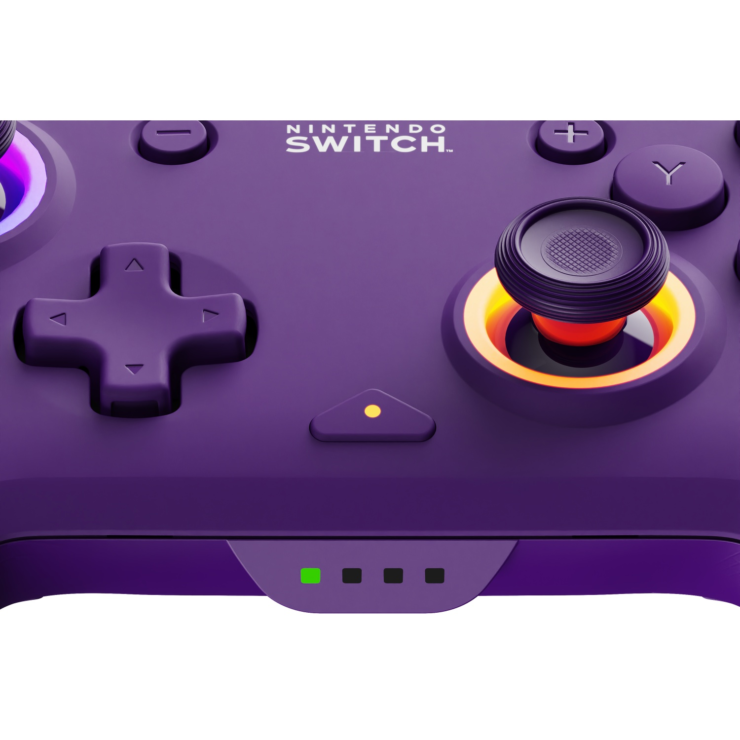 Close-up of a purple Nintendo Switch controller. Features buttons, analog stick with orange light, and a green power indicator.