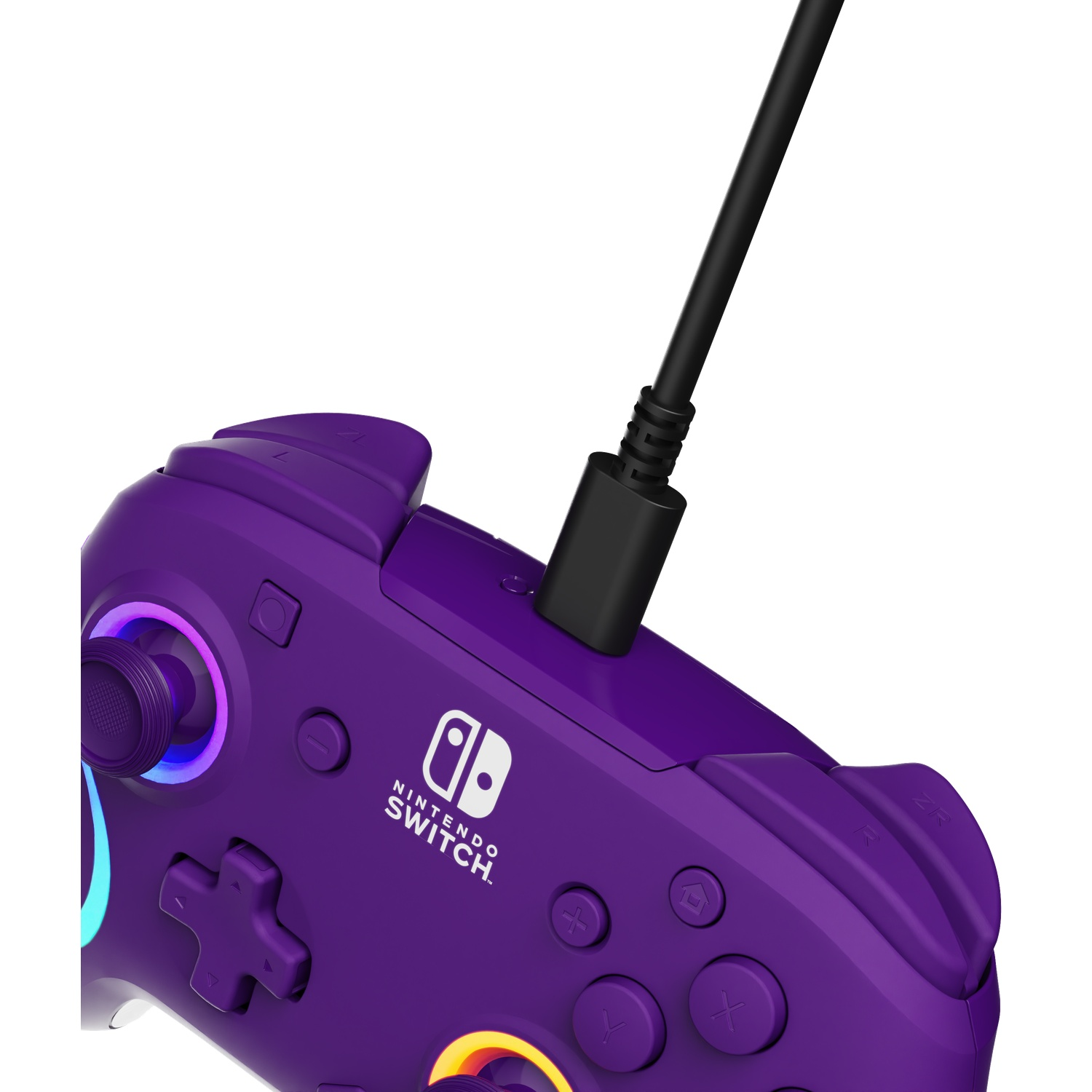 A purple Nintendo Switch controller with a black cable plugged in. The controller has buttons and the Nintendo Switch logo.