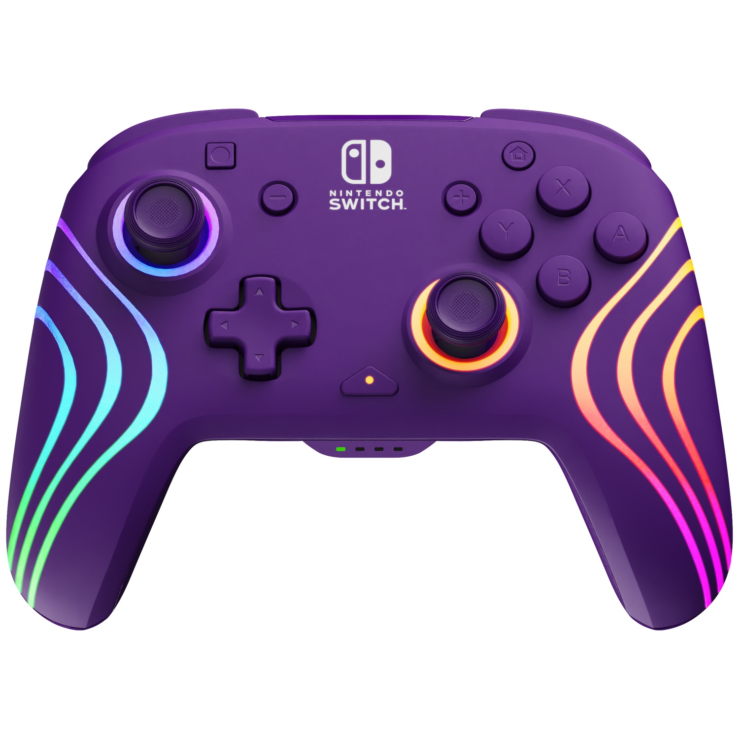 A purple Nintendo Switch Pro Controller with colorful light streaks. It has buttons, analog sticks, and a D-pad.