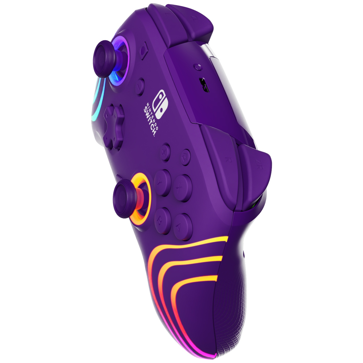 A purple Nintendo Switch controller with glowing lights. The controller has buttons, joysticks, and a Nintendo Switch logo.