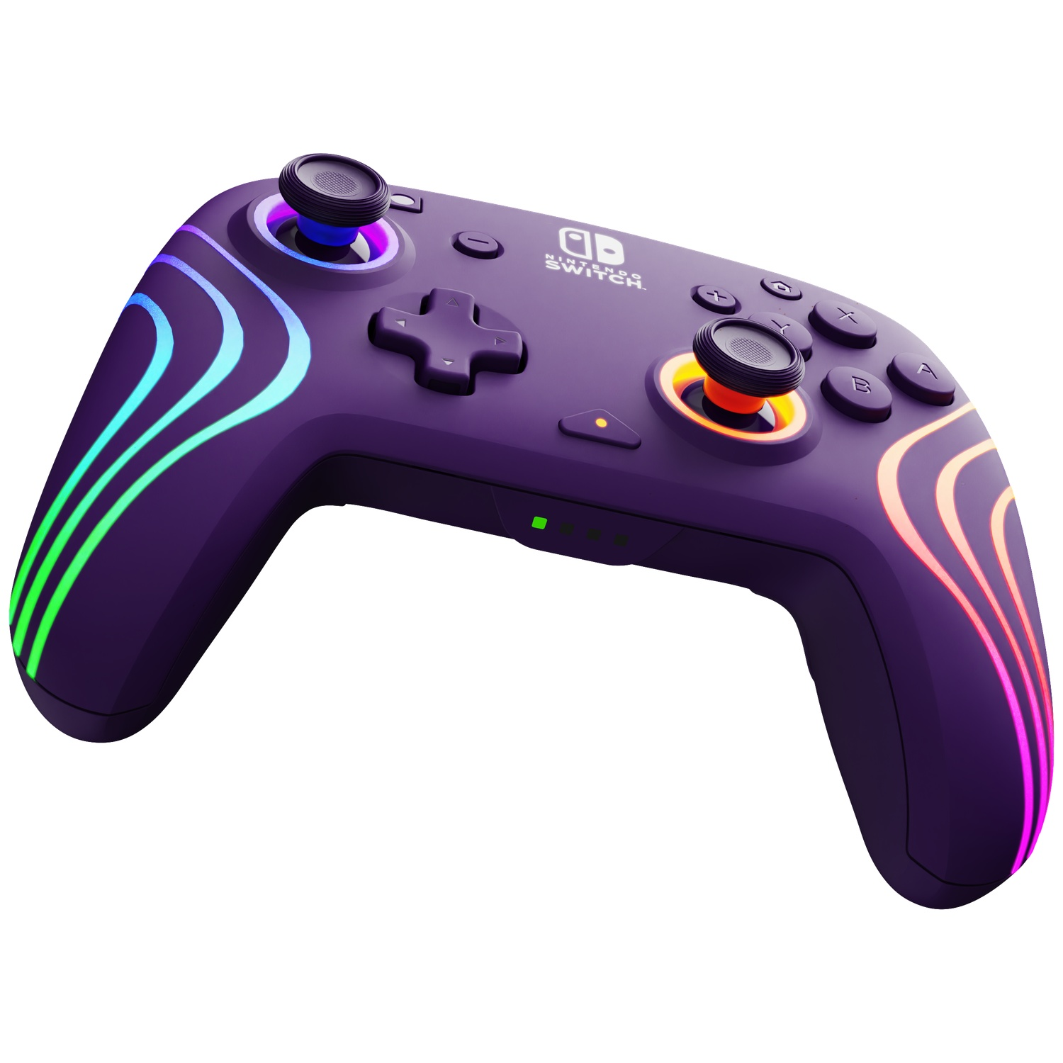 A purple Nintendo Switch controller with glowing rainbow accents. It has buttons, joysticks, and a D-pad.
