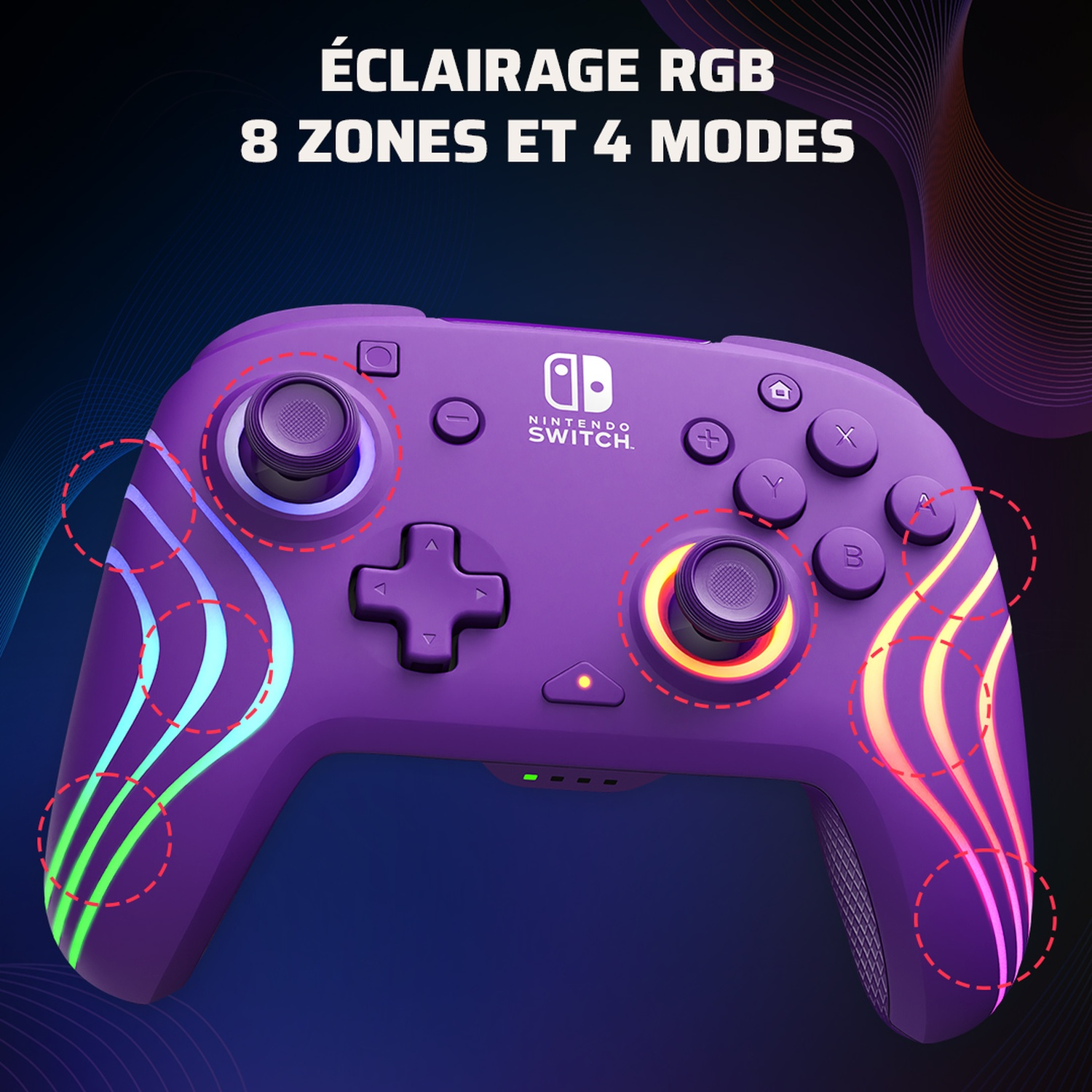 A purple Nintendo Switch controller with RGB lighting, featuring buttons and joysticks. The background is dark blue with wave designs.