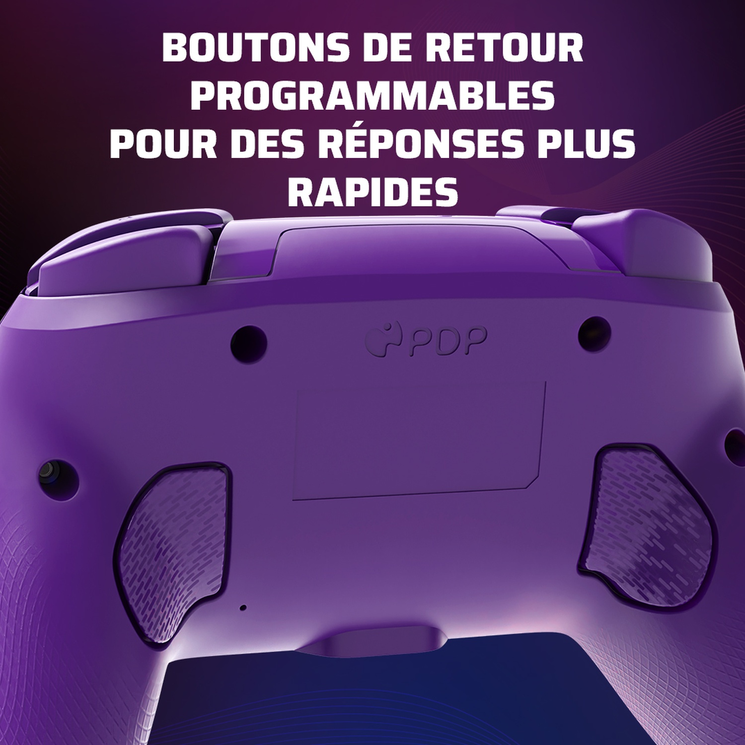 Close-up of a purple game controller. Text above reads 'Programmable Back Buttons for Faster Response'. The controller has textured grips.