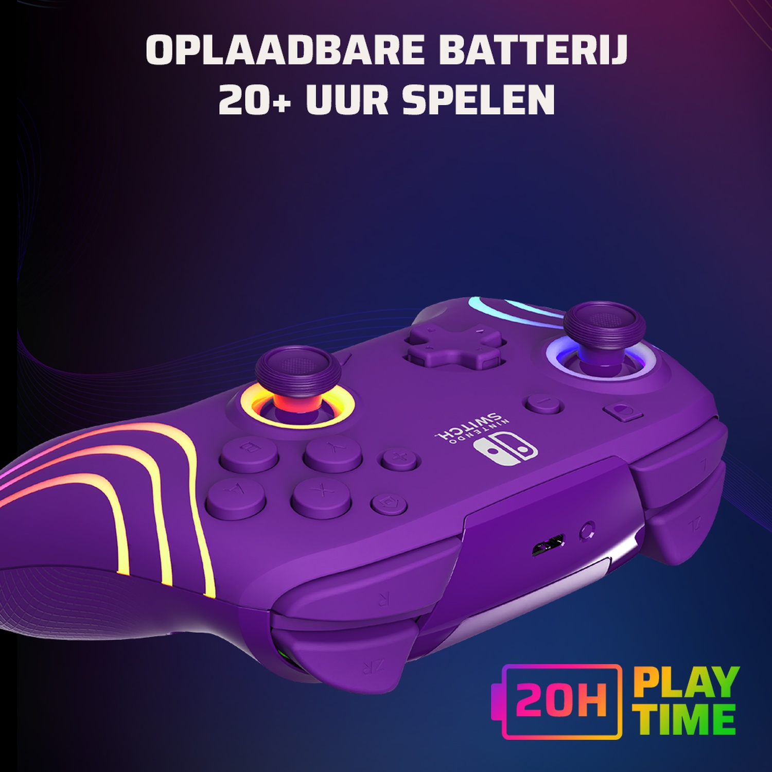 A purple Nintendo Switch controller with glowing accents. Text states 20+ hours of play time.