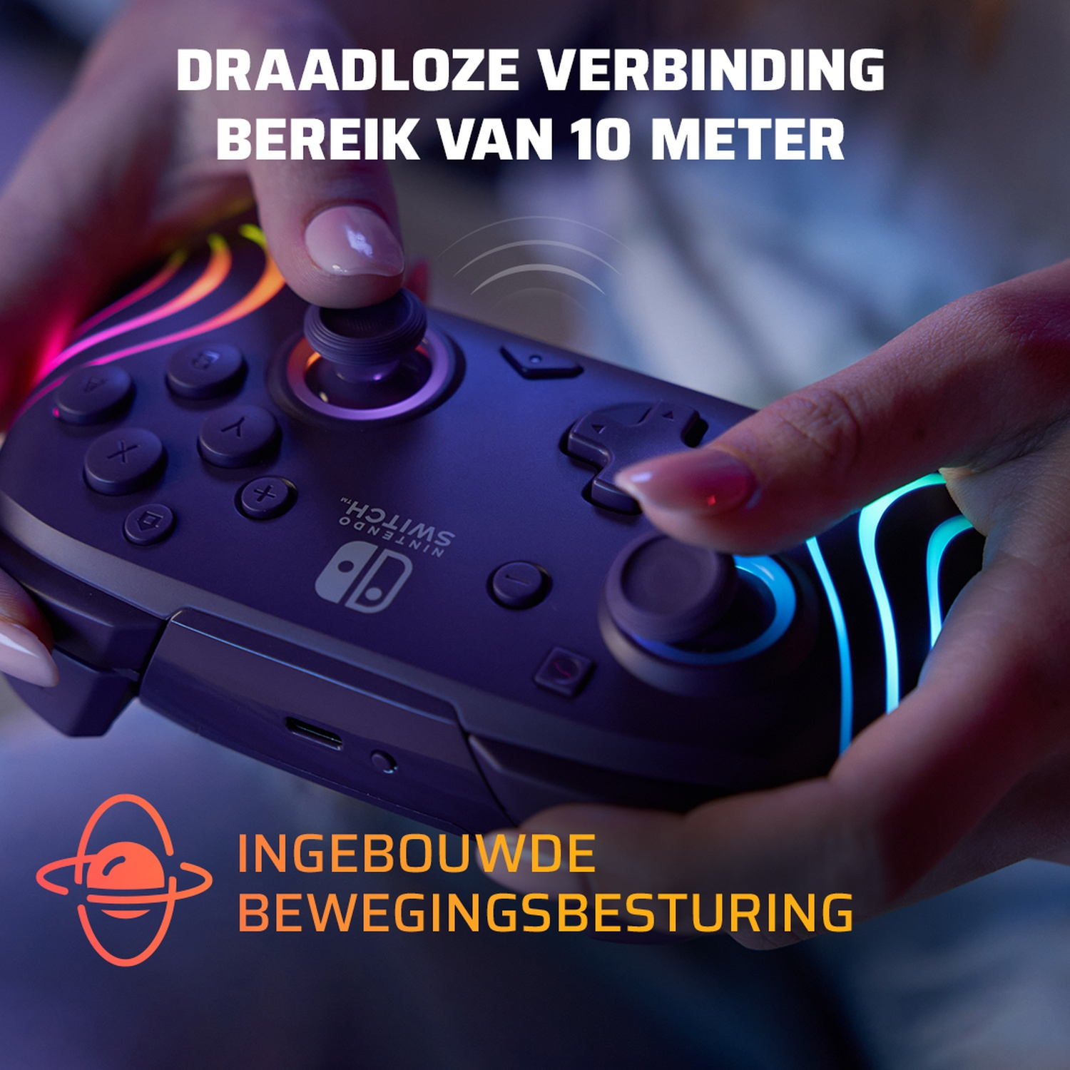Hands holding a Switch controller. The controller is black with colorful lights. Text reads: wireless range of 10 meters, and motion control.