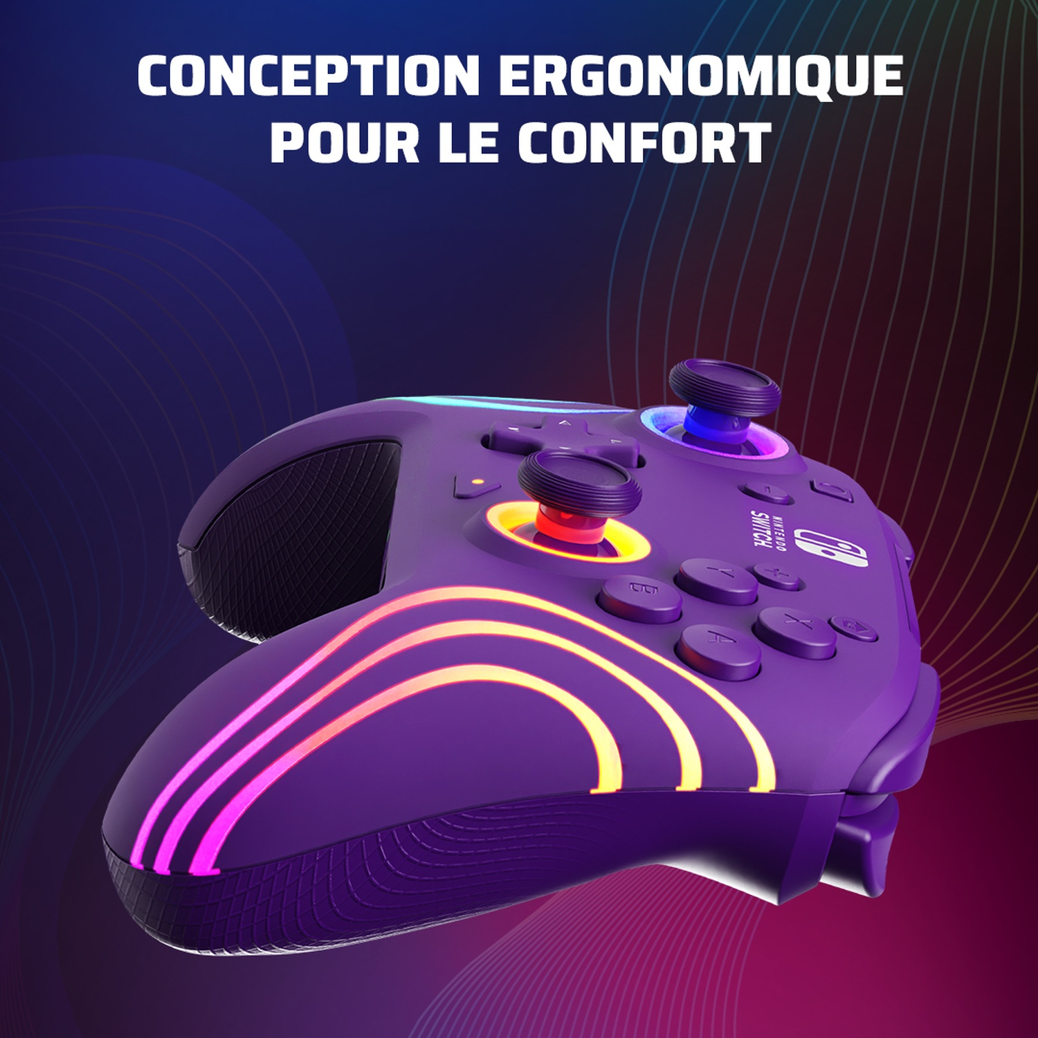 A purple Nintendo Switch controller with glowing lines. Buttons and joysticks visible. Text at the top reads: Ergonomic design for comfort.