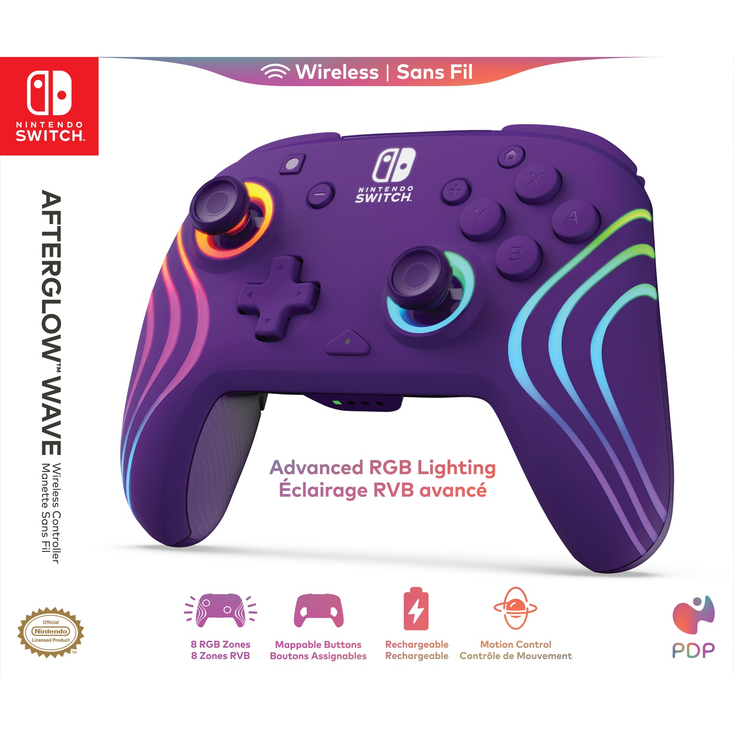 A purple Nintendo Switch controller with glowing accents. Features include buttons, joysticks, and the Nintendo Switch logo. Text: Afterglow Wave.