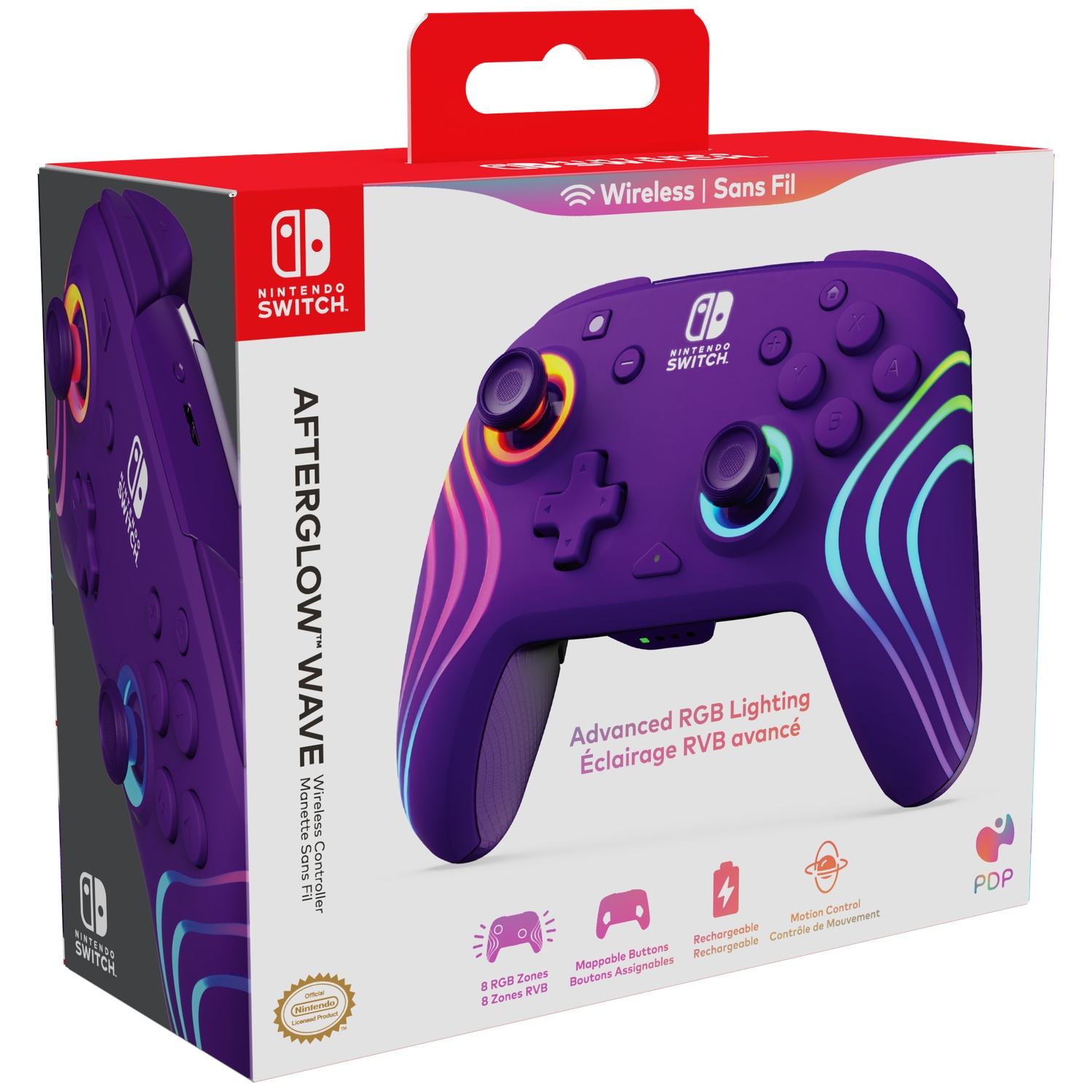 A purple Nintendo Switch controller in a box. It has RGB lighting and says Afterglow Wave. Features include rechargeable and motion control.