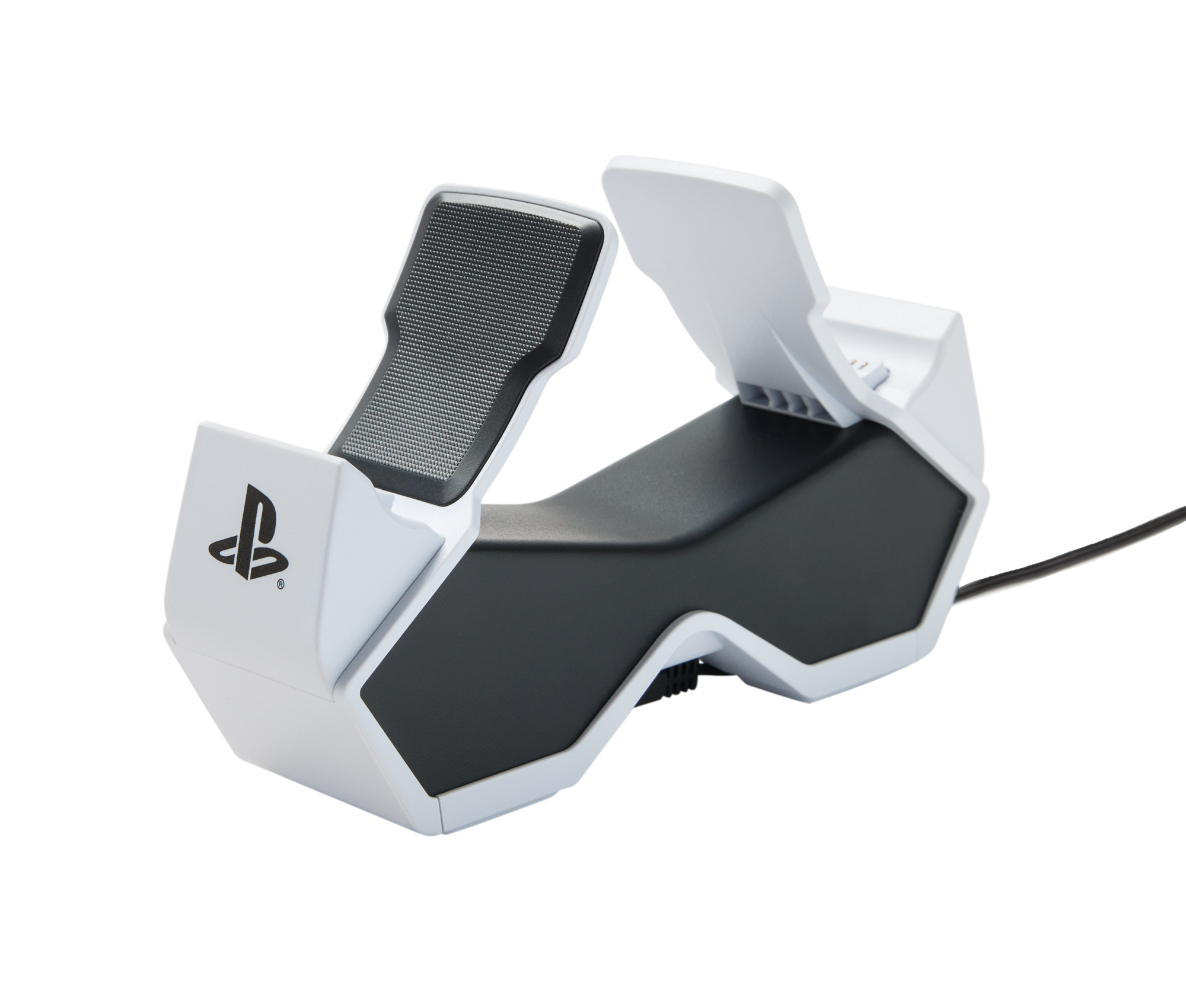 Ein weiß-schwarzes Playstation-Controller-Ladegerät. Es hat ein PS-Logo und zwei Ladeschalen.