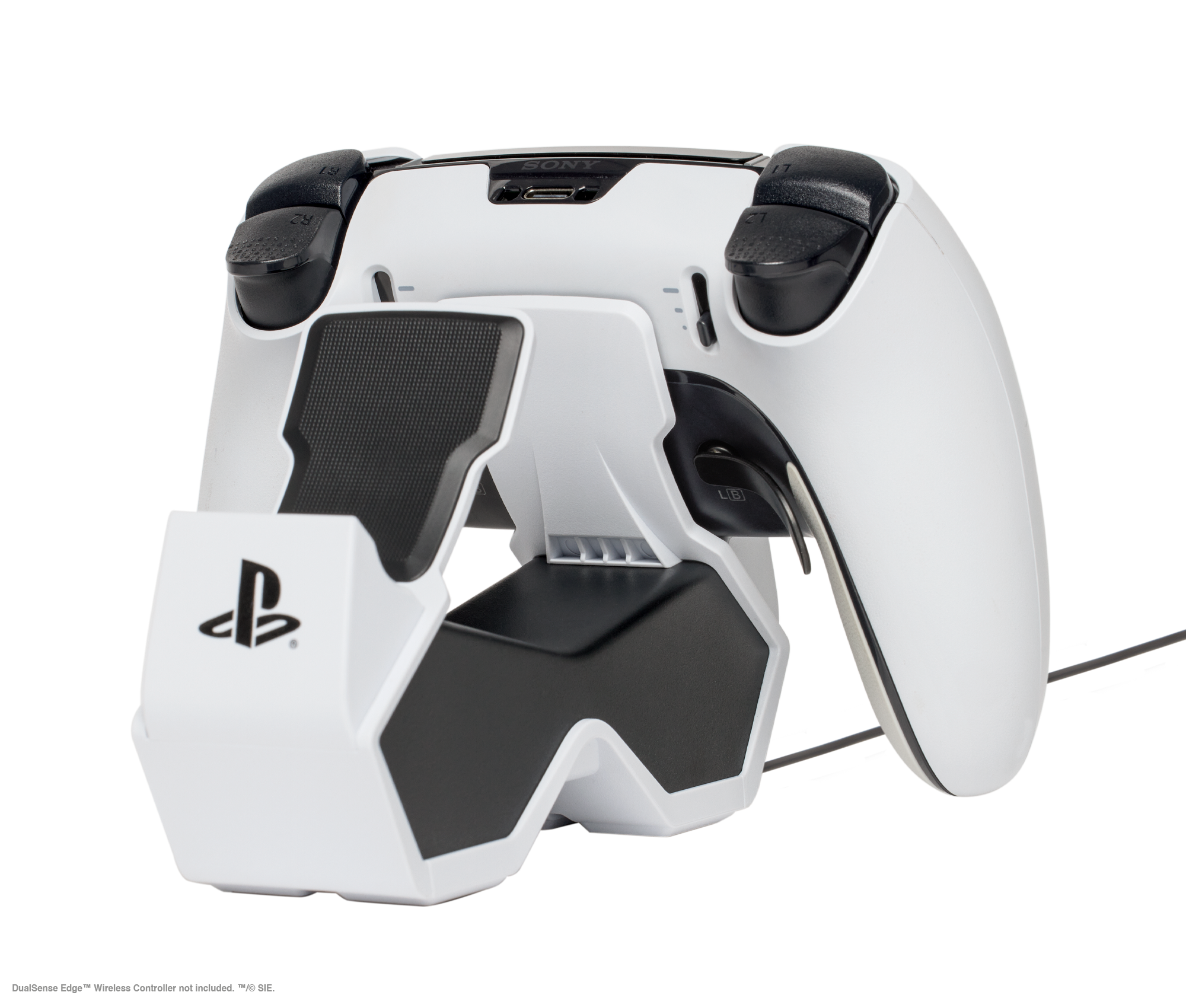 Weiß-schwarzes Playstation-Controller-Ladegerät. Das Ladegerät hat schwarze Akzente und das Playstation-Logo. Controller nicht enthalten.