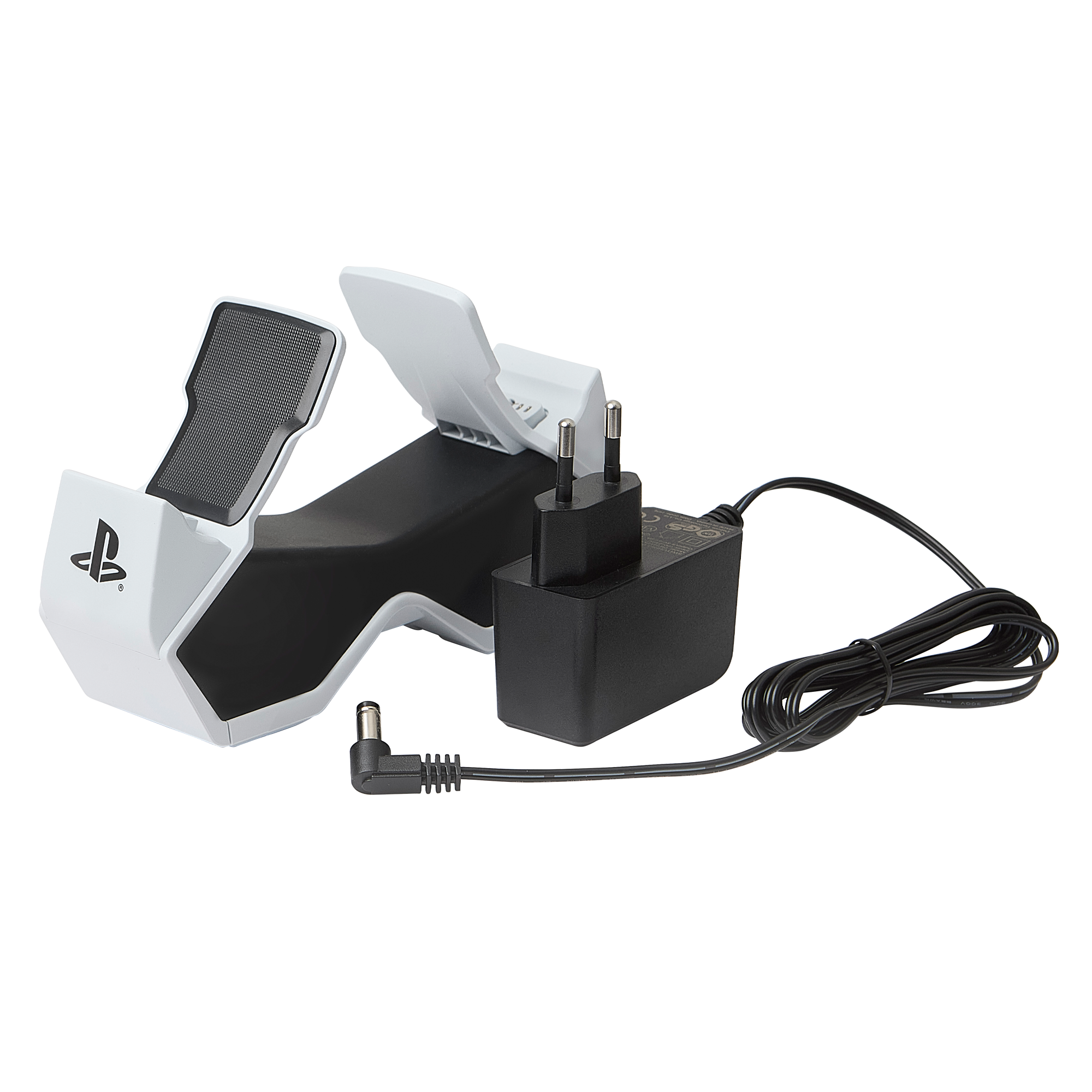 Eine weiße und schwarze Ladestation für Gamecontroller mit einem schwarzen Netzteil und Kabel.