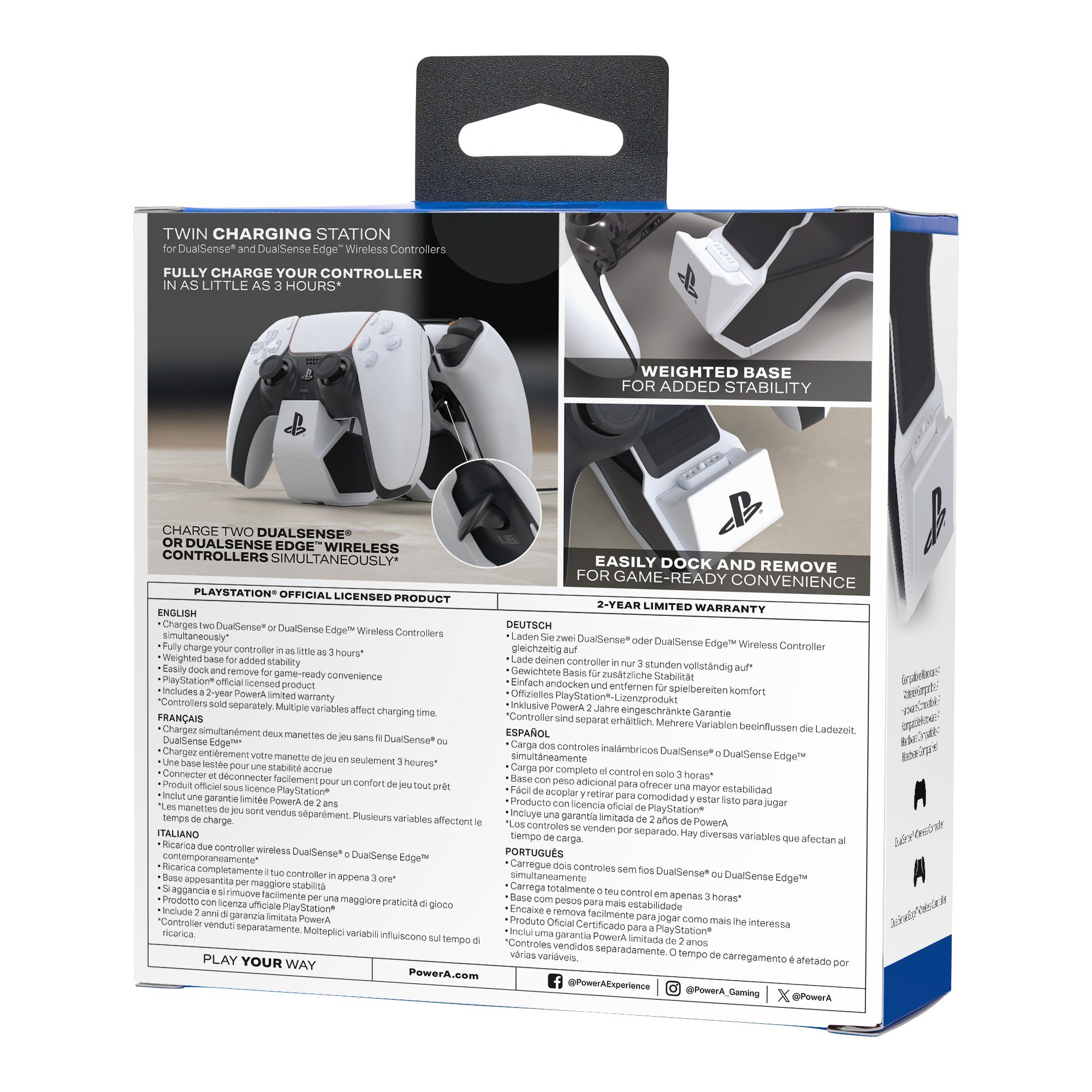 Eine weiße und schwarze Ladestation für zwei Gamecontroller, mit Text und einem PlayStation-Logo.