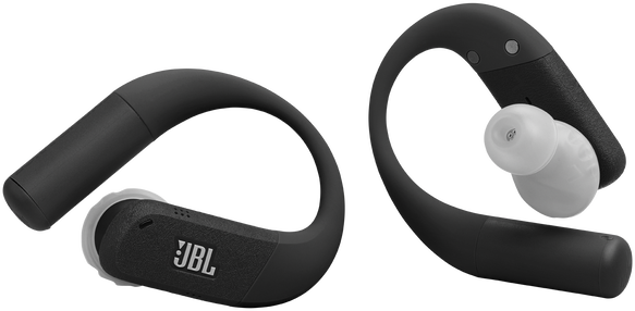 Két fekete JBL fülhallgató fehér fülvégekkel. A bal oldali fülhallgatón a JBL logója látható. Mindkettő fül körüli kialakítású.