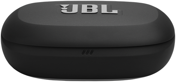 Egy fekete JBL fülhallgató töltőtok. A JBL logója felül található. Alul három kis pont van.